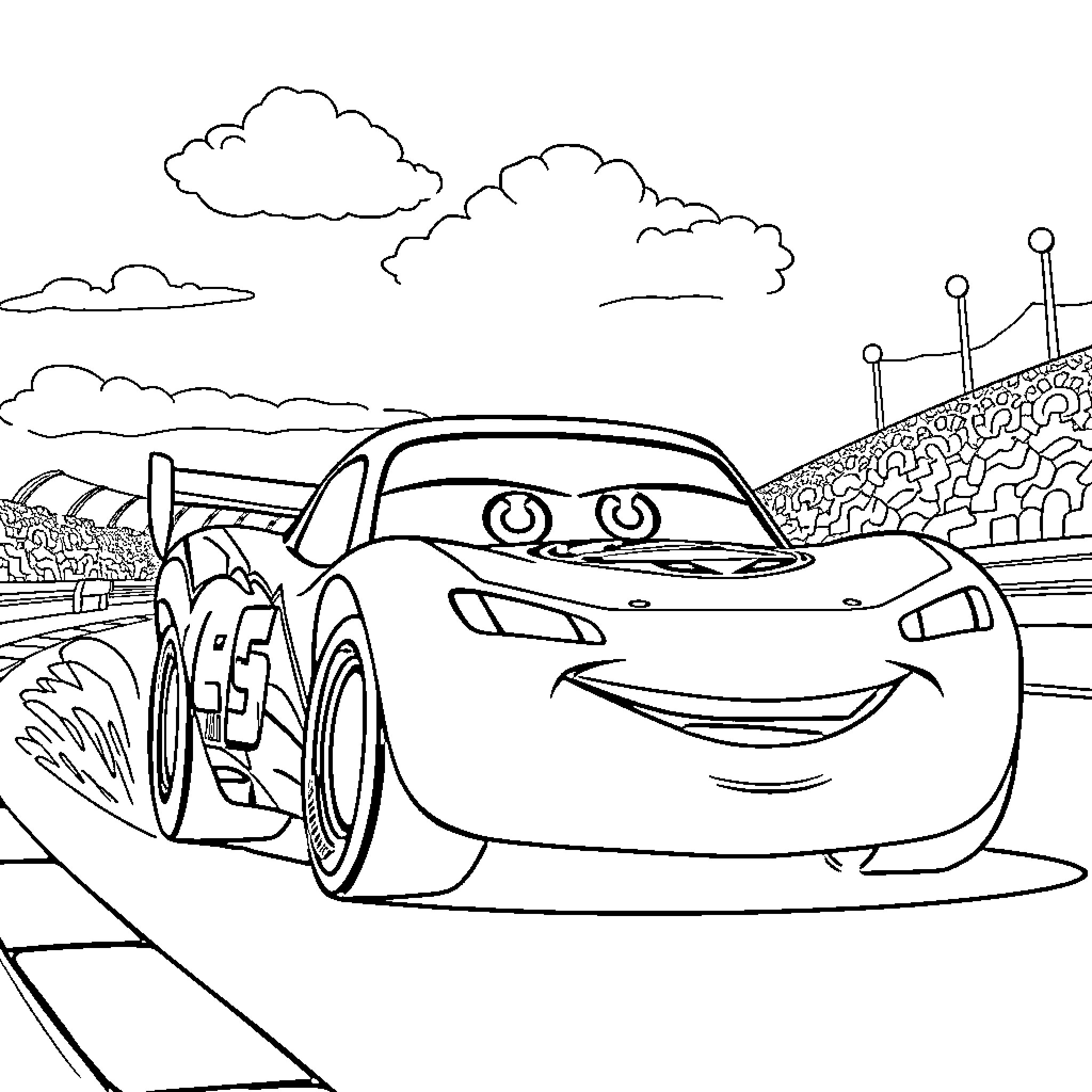 Lightning McQueen speeding through the track Coloring Page (free black-and-white line drawing printable PDF for all, from beginners to advanced learners, including children, teens, adults, and seniors)