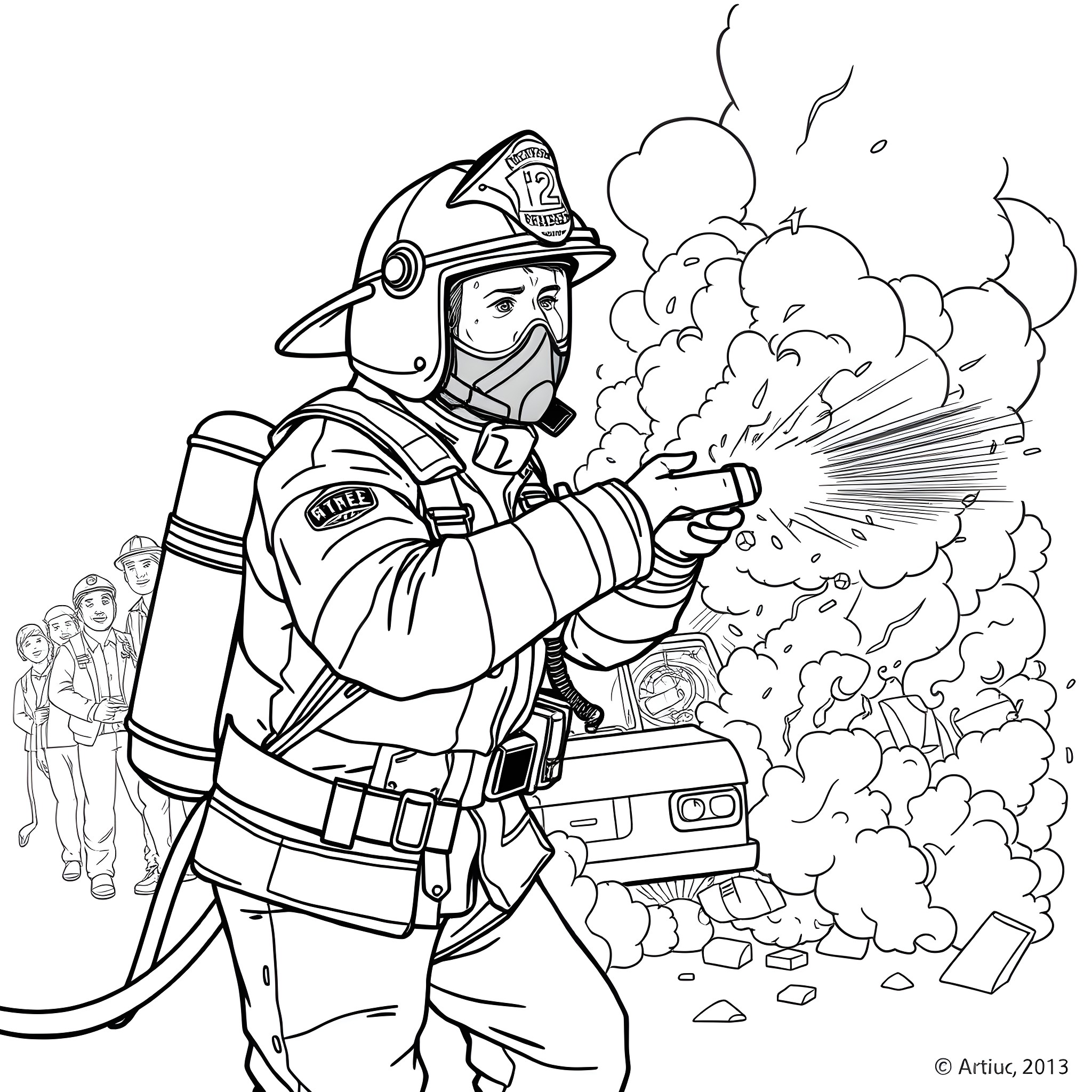 Firefighter in action putting out a fire Coloring Page (free black-and-white line drawing printable PDF for all, from beginners to advanced learners, including children, teens, adults, and seniors)