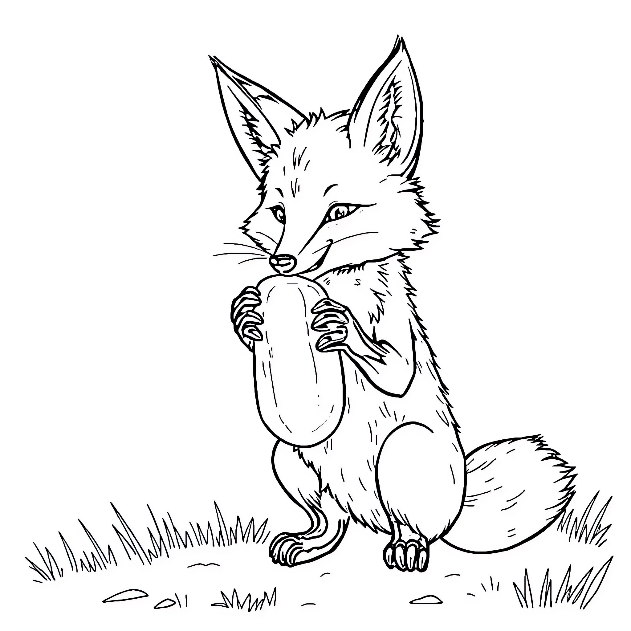 Fox eagerly examining a curious object Coloring Page (free black-and-white line drawing printable PDF for all, from beginners to advanced learners, including children, teens, adults, and seniors)