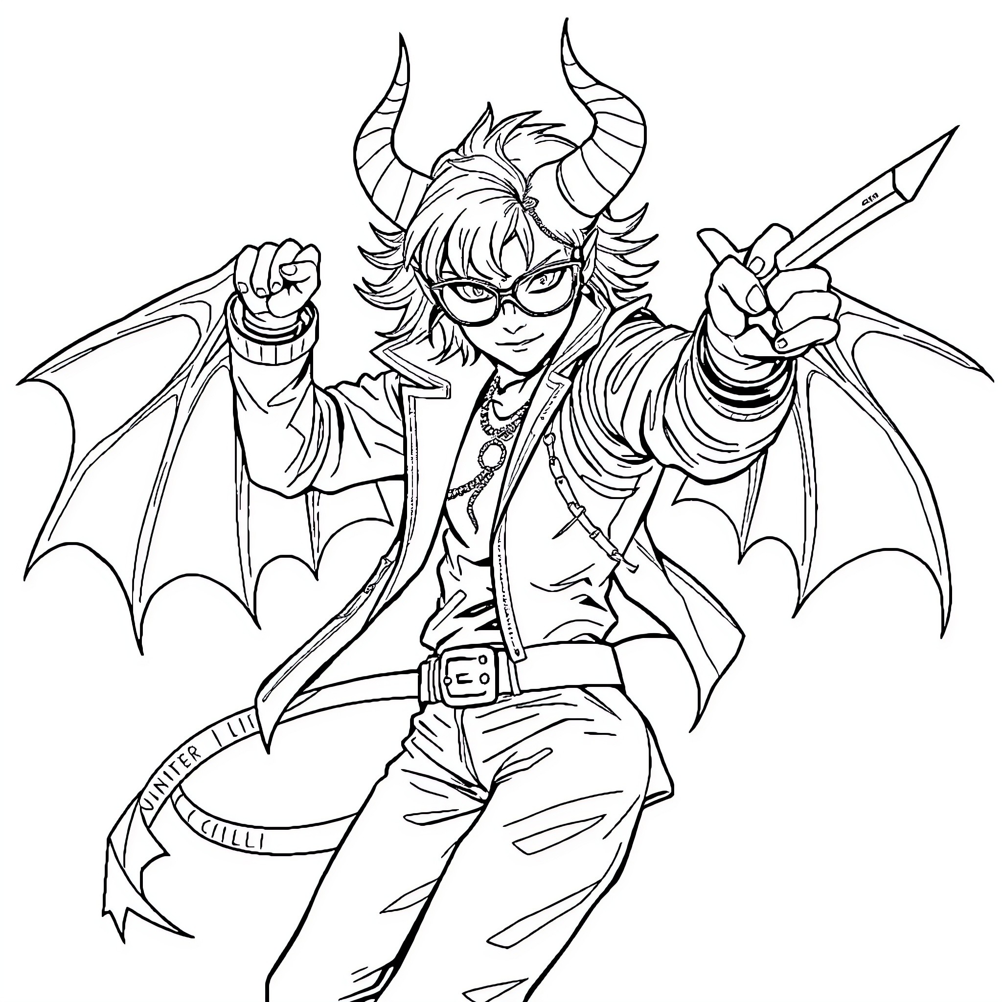 K-POP Demon Hunter Wielding Swords and Embracing Fiendish Persona Coloring Page (free black-and-white line drawing printable PDF for all, from beginners to advanced learners, including children, teens, adults, and seniors)