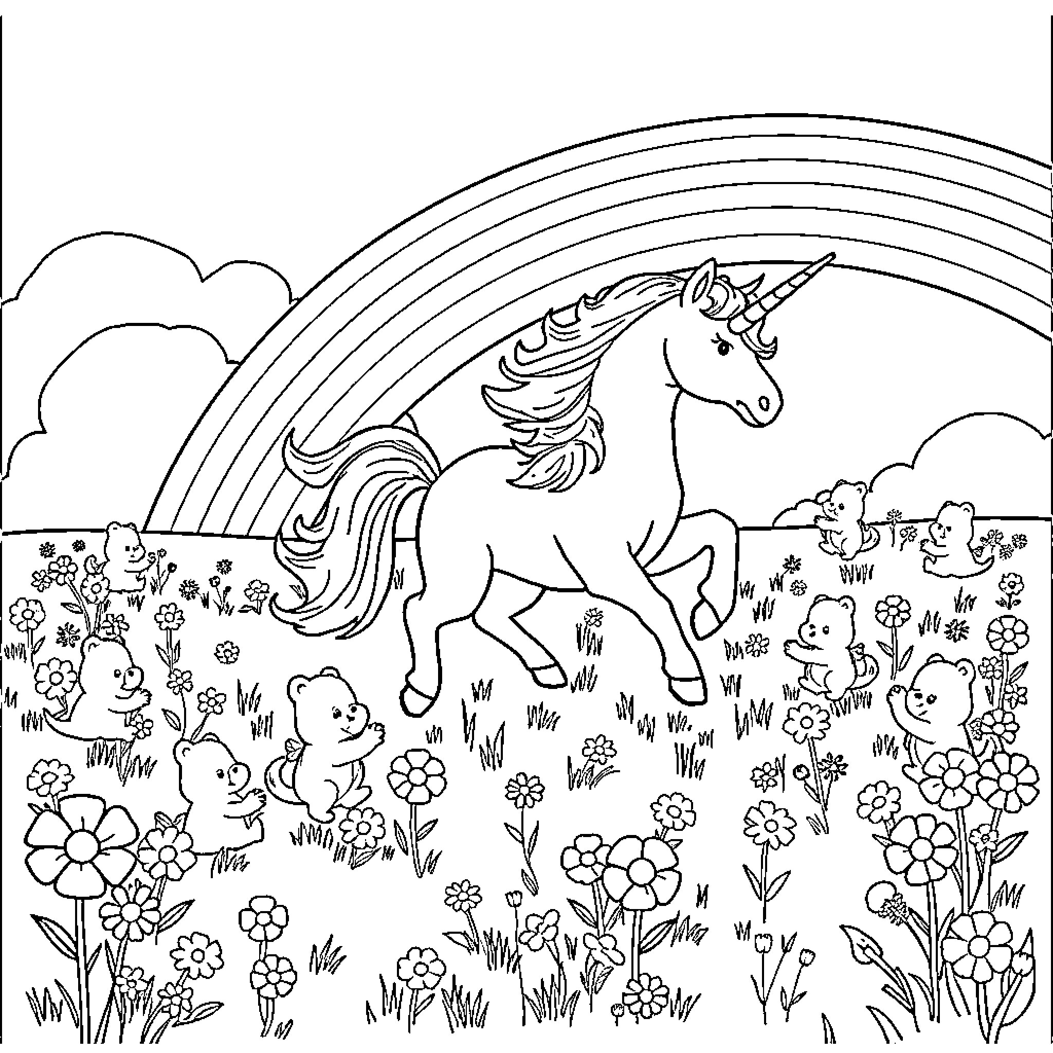 Unicorn running through a magical meadow under a rainbow Coloring Page (free black-and-white line drawing printable PDF for all, from beginners to advanced learners, including children, teens, adults, and seniors)