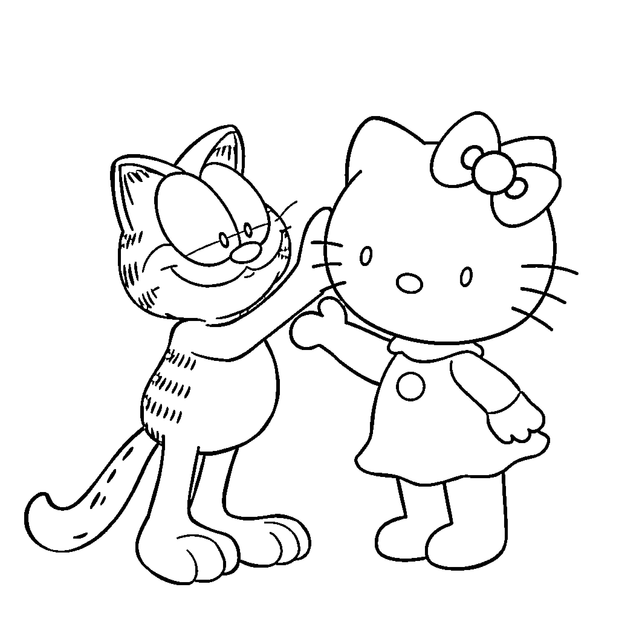 Garfield and Hello Kitty having a friendly encounter Coloring Page (free black-and-white line drawing printable PDF for all, from beginners to advanced learners, including children, teens, adults, and seniors)