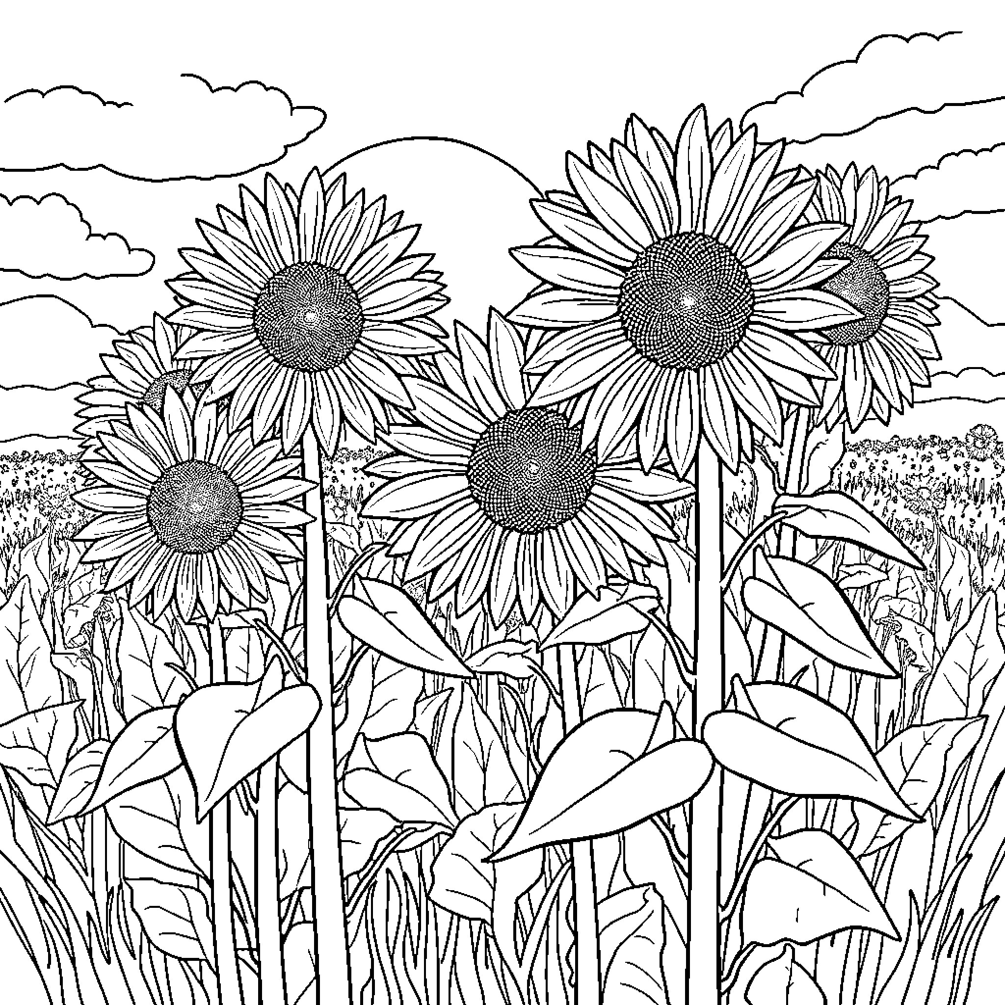 Sunflower field in the countryside Coloring Page (free black-and-white line drawing printable PDF for all, from beginners to advanced learners, including children, teens, adults, and seniors)