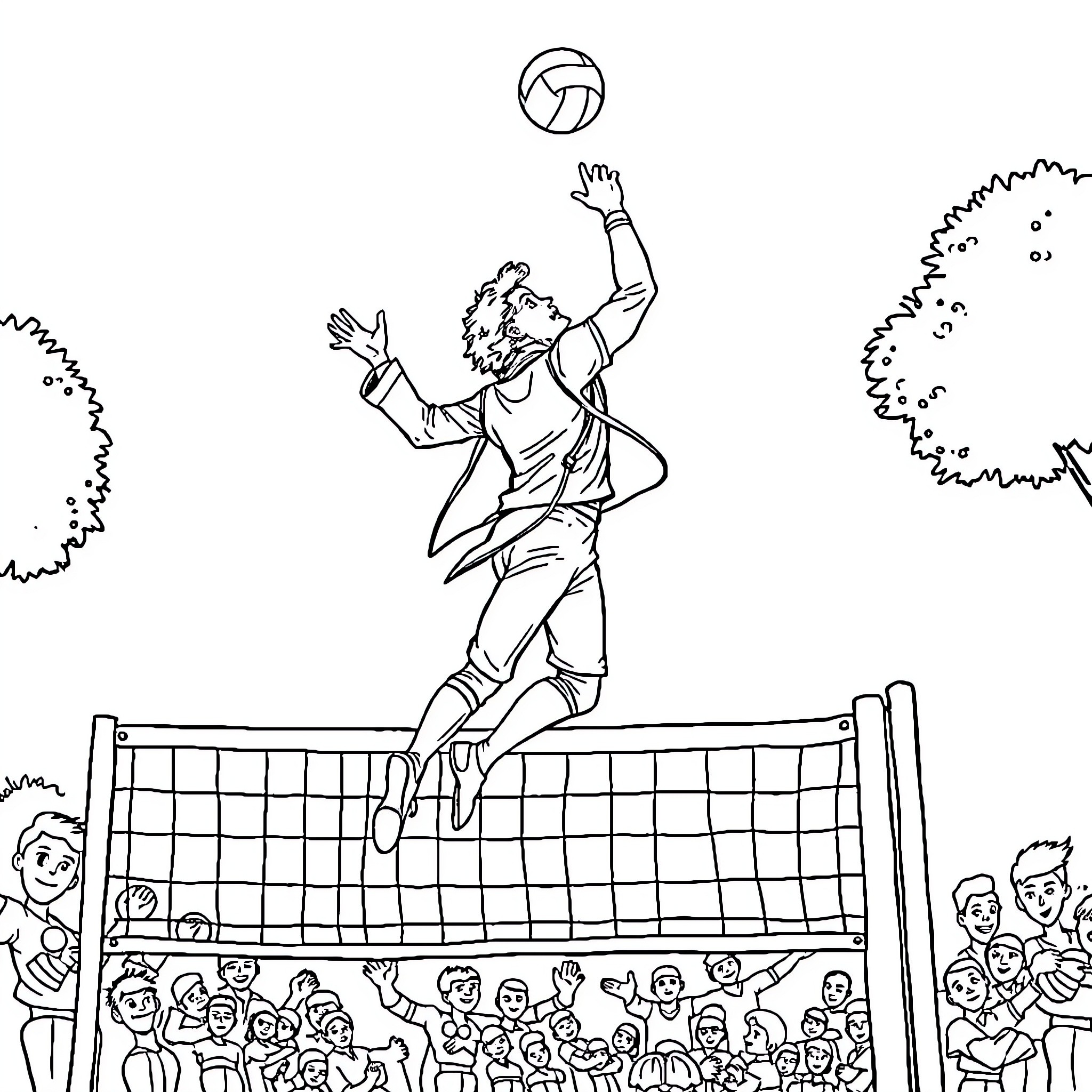 Alexander Hamilton playing volleyball with a crowd Coloring Page (free black-and-white line drawing printable PDF for all, from beginners to advanced learners, including children, teens, adults, and seniors)