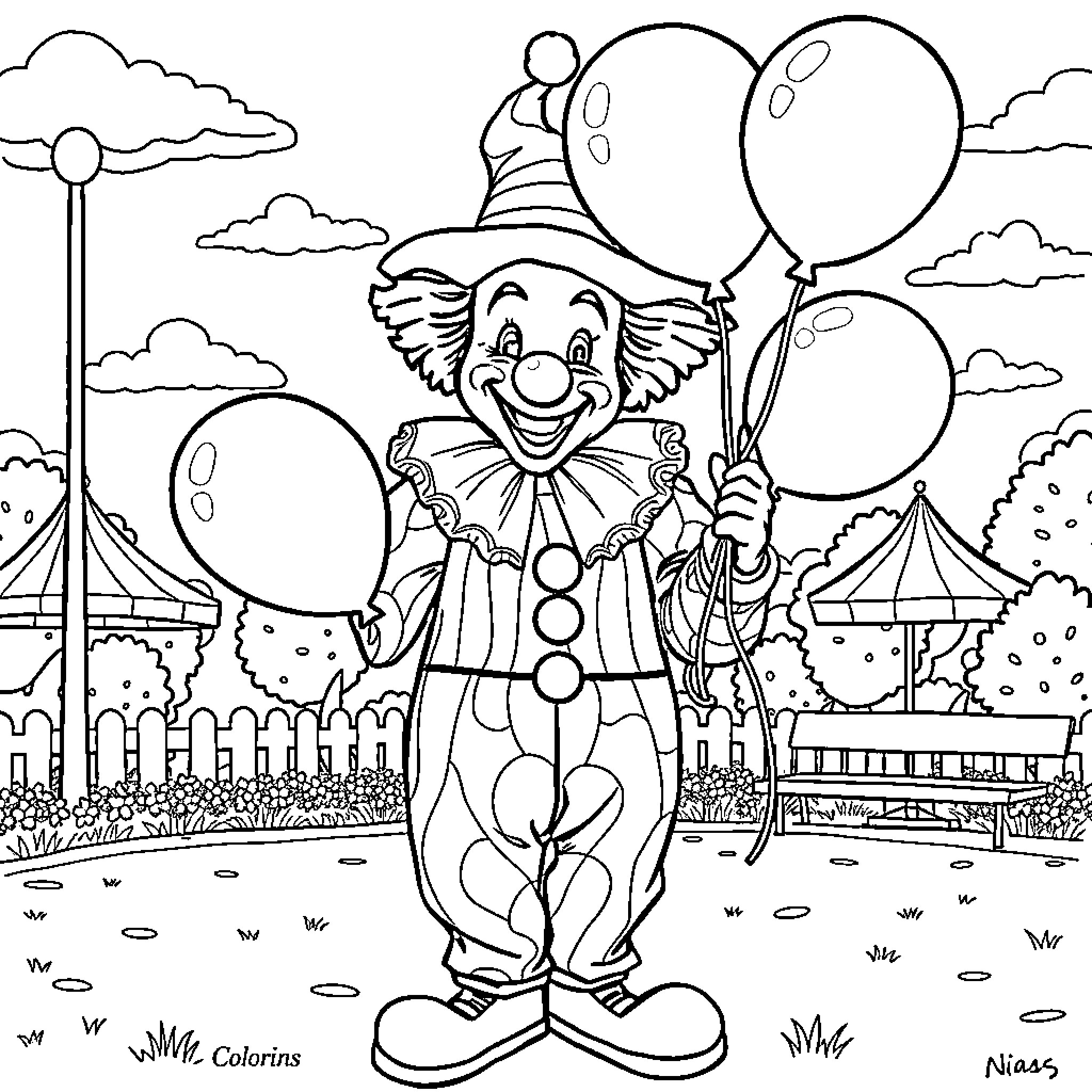Clown with balloons at the carnival Coloring Page (free black-and-white line drawing printable PDF for all, from beginners to advanced learners, including children, teens, adults, and seniors)