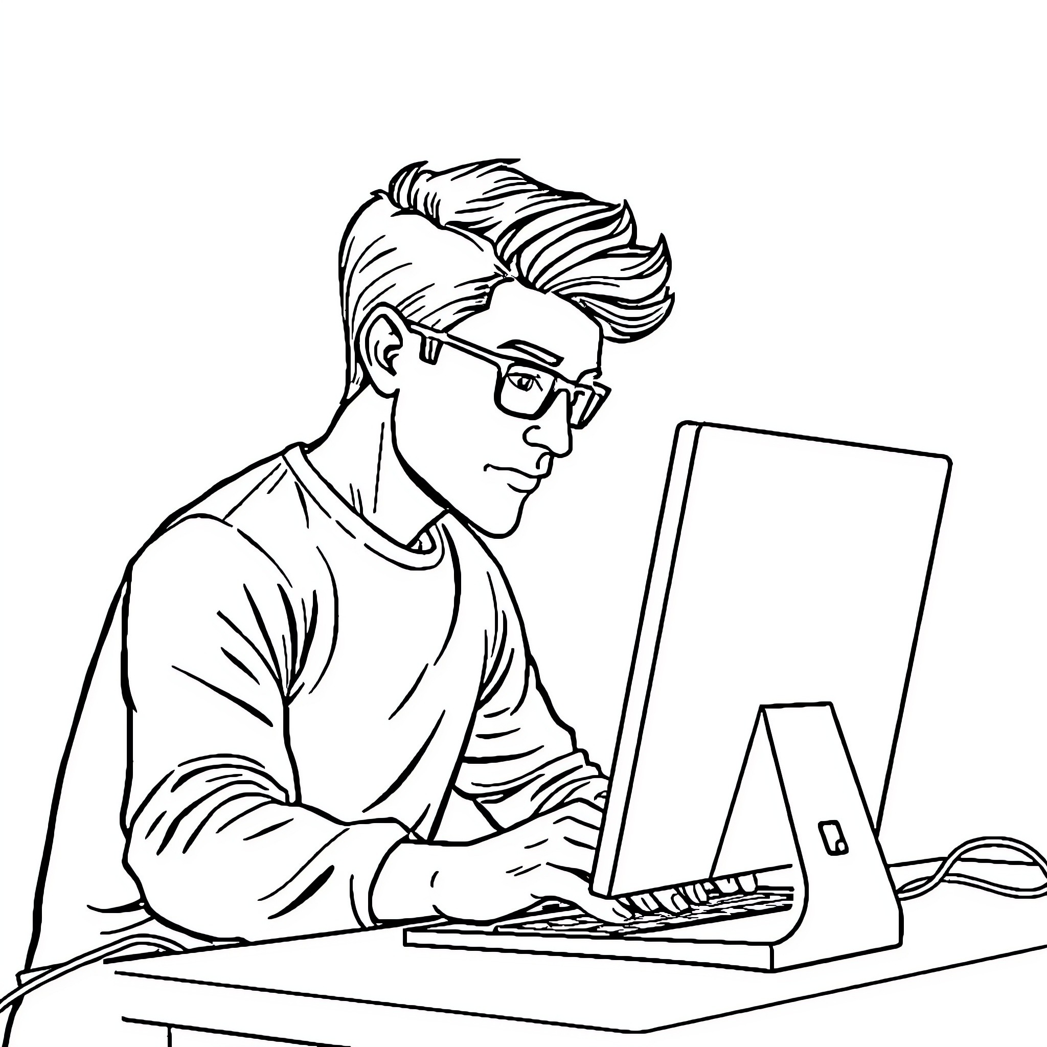 Man intently working on computer in office Coloring Page (free black-and-white line drawing printable PDF for all, from beginners to advanced learners, including children, teens, adults, and seniors)