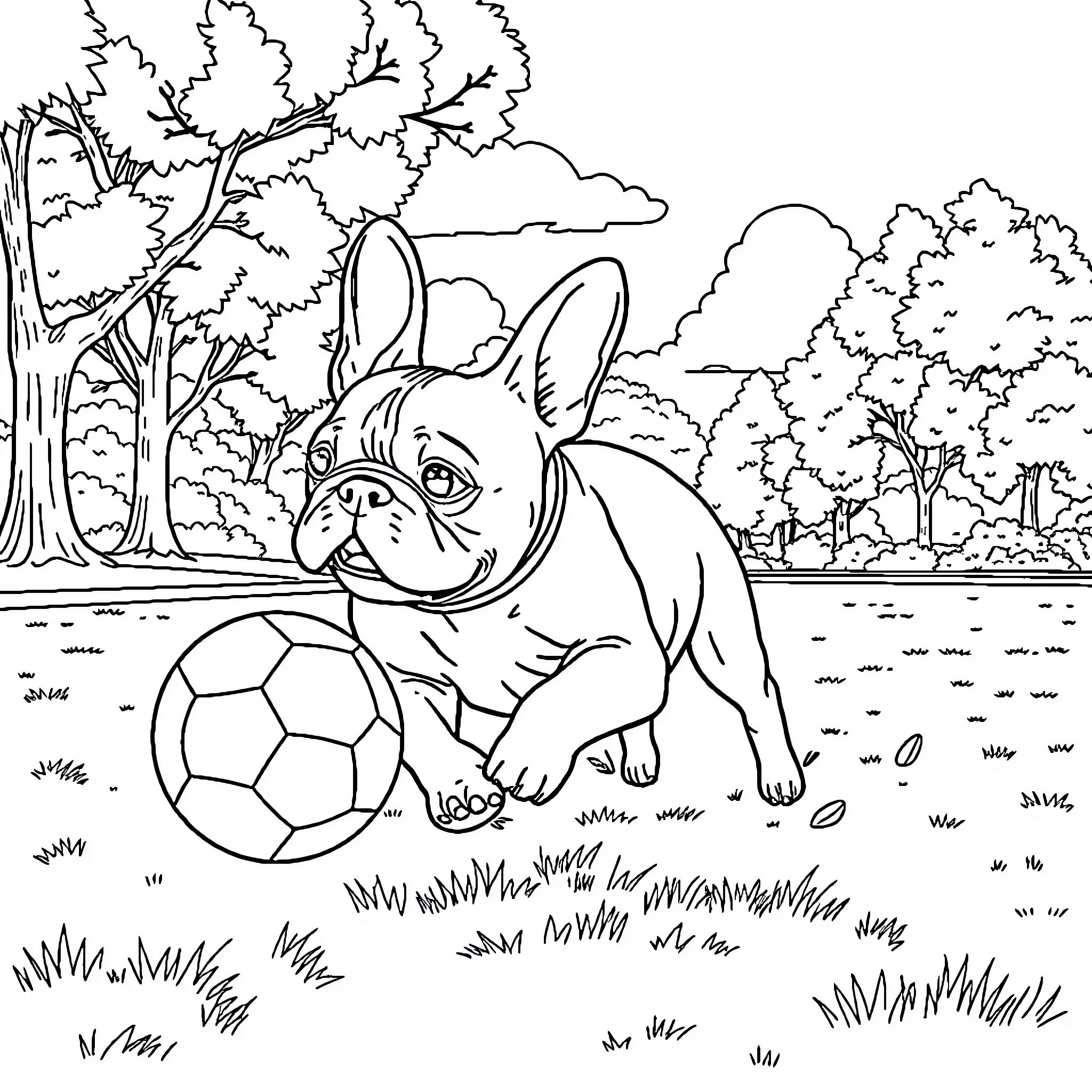 French Bulldog playing with soccer ball in forest Coloring Page (free black-and-white line drawing printable PDF for all, from beginners to advanced learners, including children, teens, adults, and seniors)