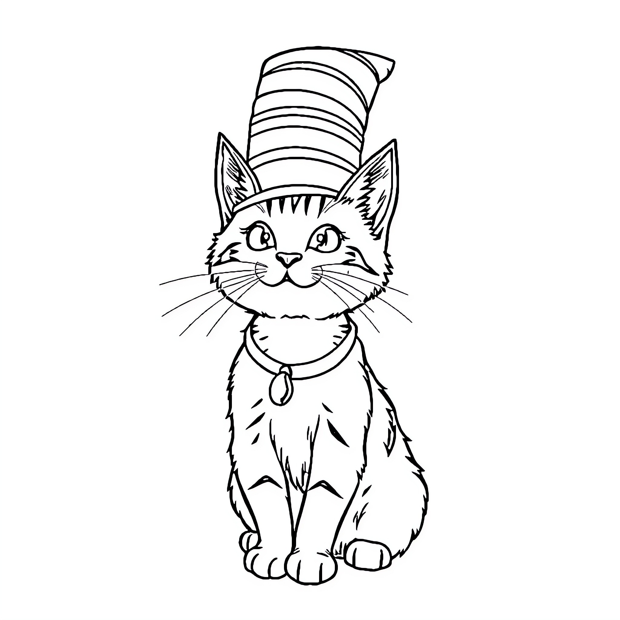 Cat in a Striped Hat Coloring Page (free black-and-white line drawing printable PDF for all, from beginners to advanced learners, including children, teens, adults, and seniors)