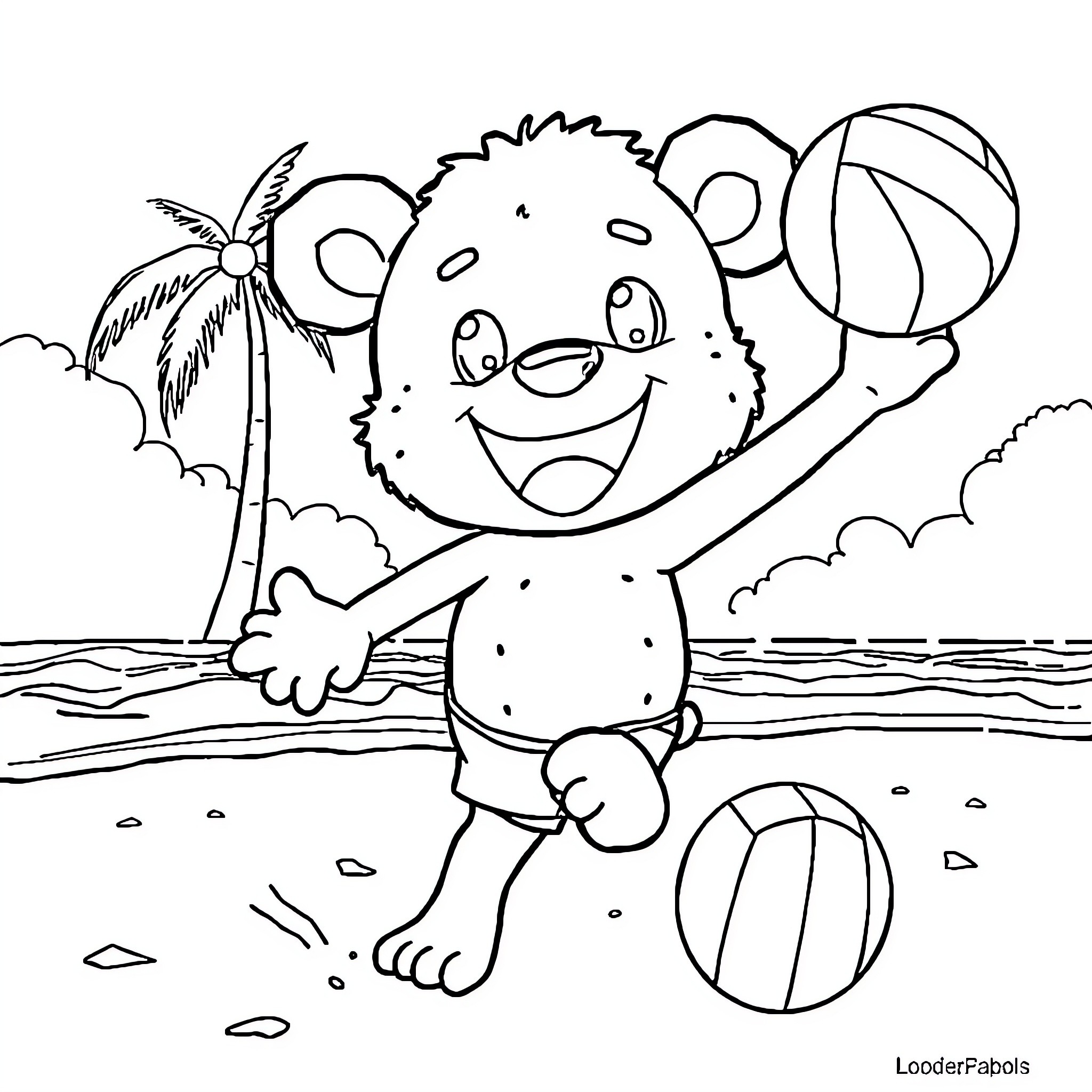 Labubu playing joyfully on the beach Coloring Page (free black-and-white line drawing printable PDF for all, from beginners to advanced learners, including children, teens, adults, and seniors)