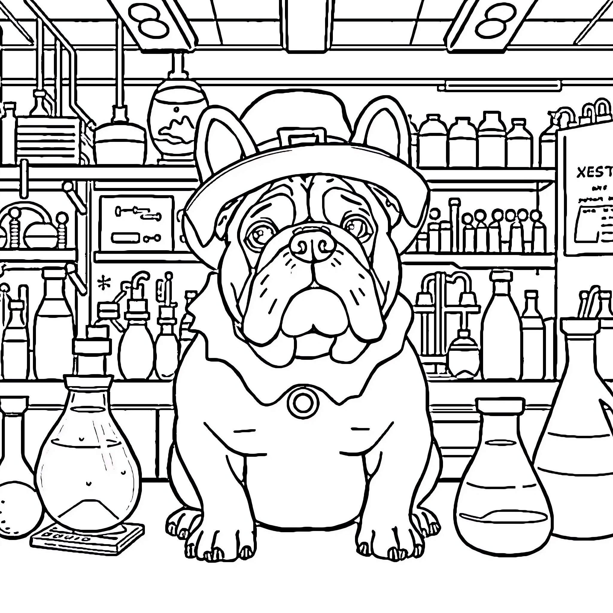 Bulldog working in a laboratory Coloring Page (free black-and-white line drawing printable PDF for all, from beginners to advanced learners, including children, teens, adults, and seniors)