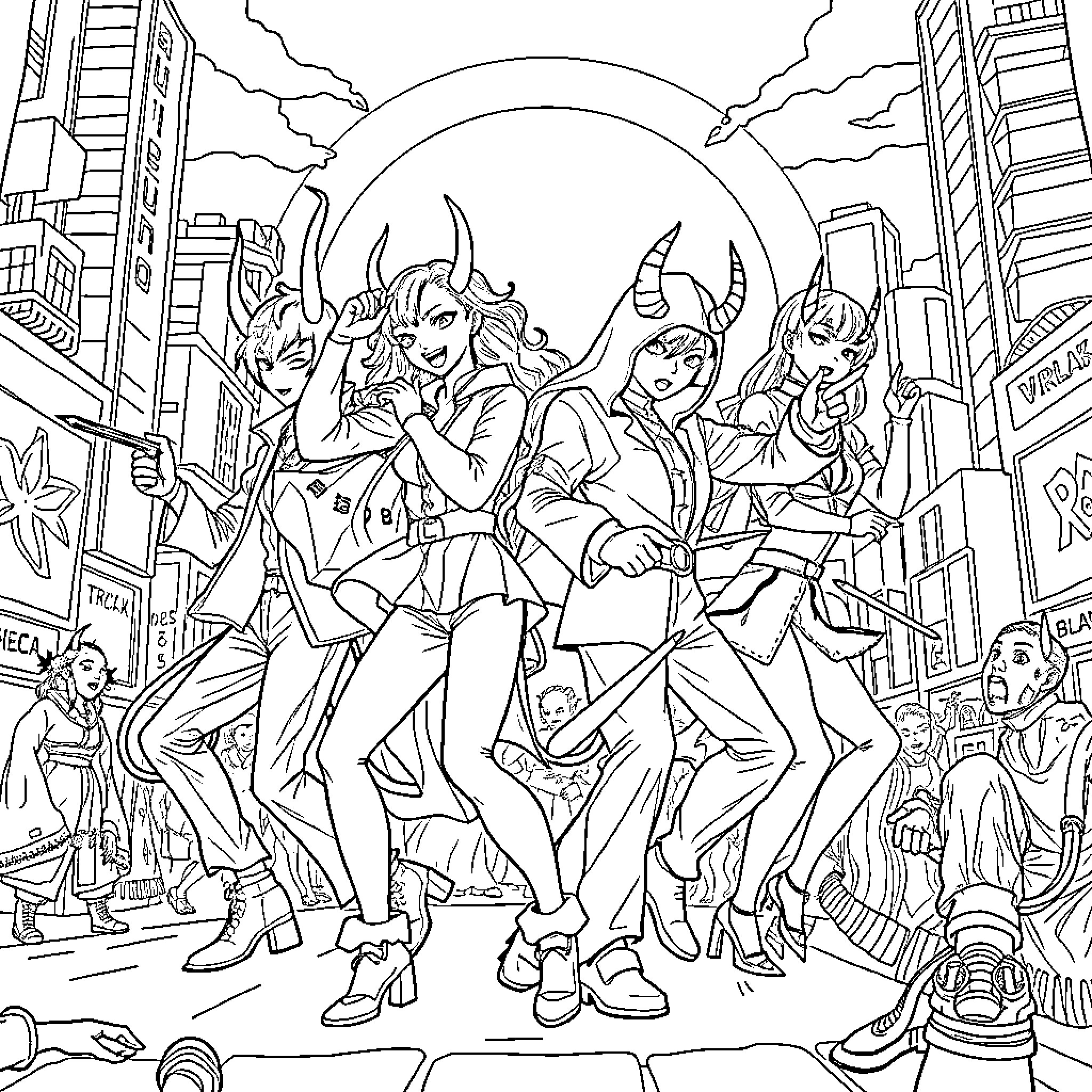Demon Hunter Fearless Group Confronting Enemies in the City Coloring Page (free black-and-white line drawing printable PDF for all, from beginners to advanced learners, including children, teens, adults, and seniors)