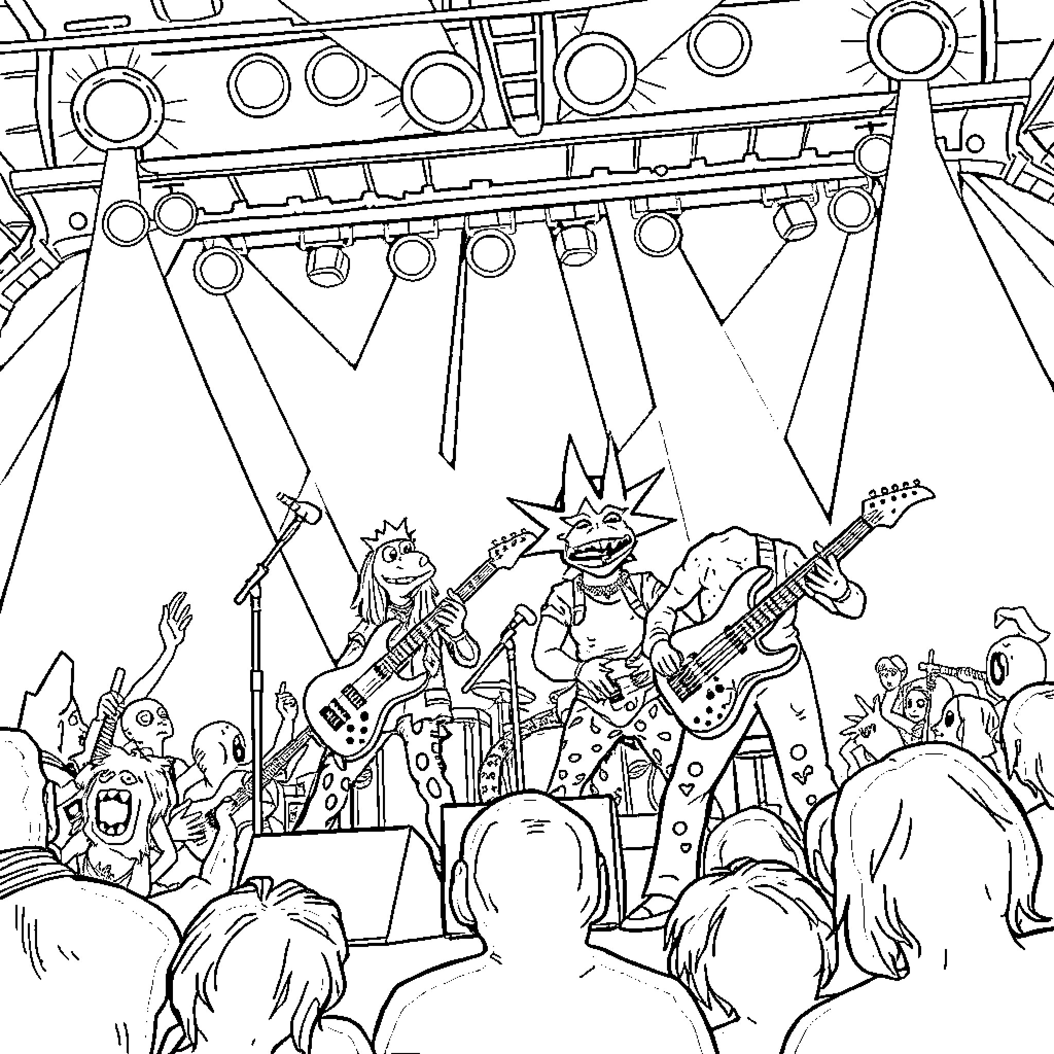 King Gizzard Performing on Stage with Energetic Crowd Coloring Page (free black-and-white line drawing printable PDF for all, from beginners to advanced learners, including children, teens, adults, and seniors)