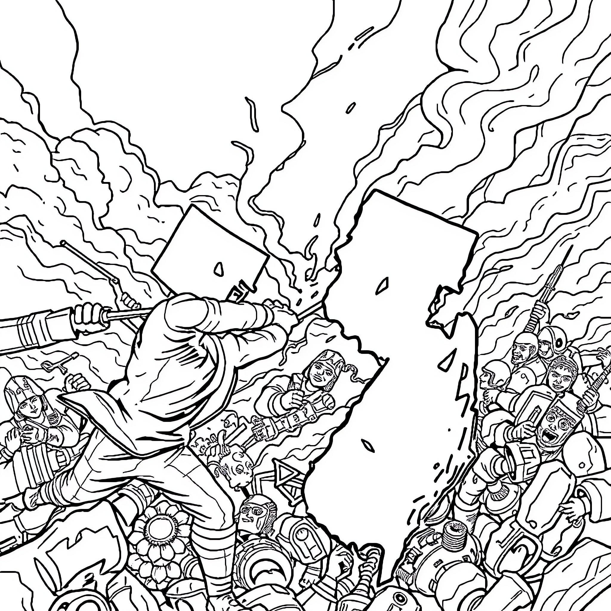 New Jersey Superheroes Battle Villains in Explosive Scene Coloring Page (free black-and-white line drawing printable PDF for all, from beginners to advanced learners, including children, teens, adults, and seniors)