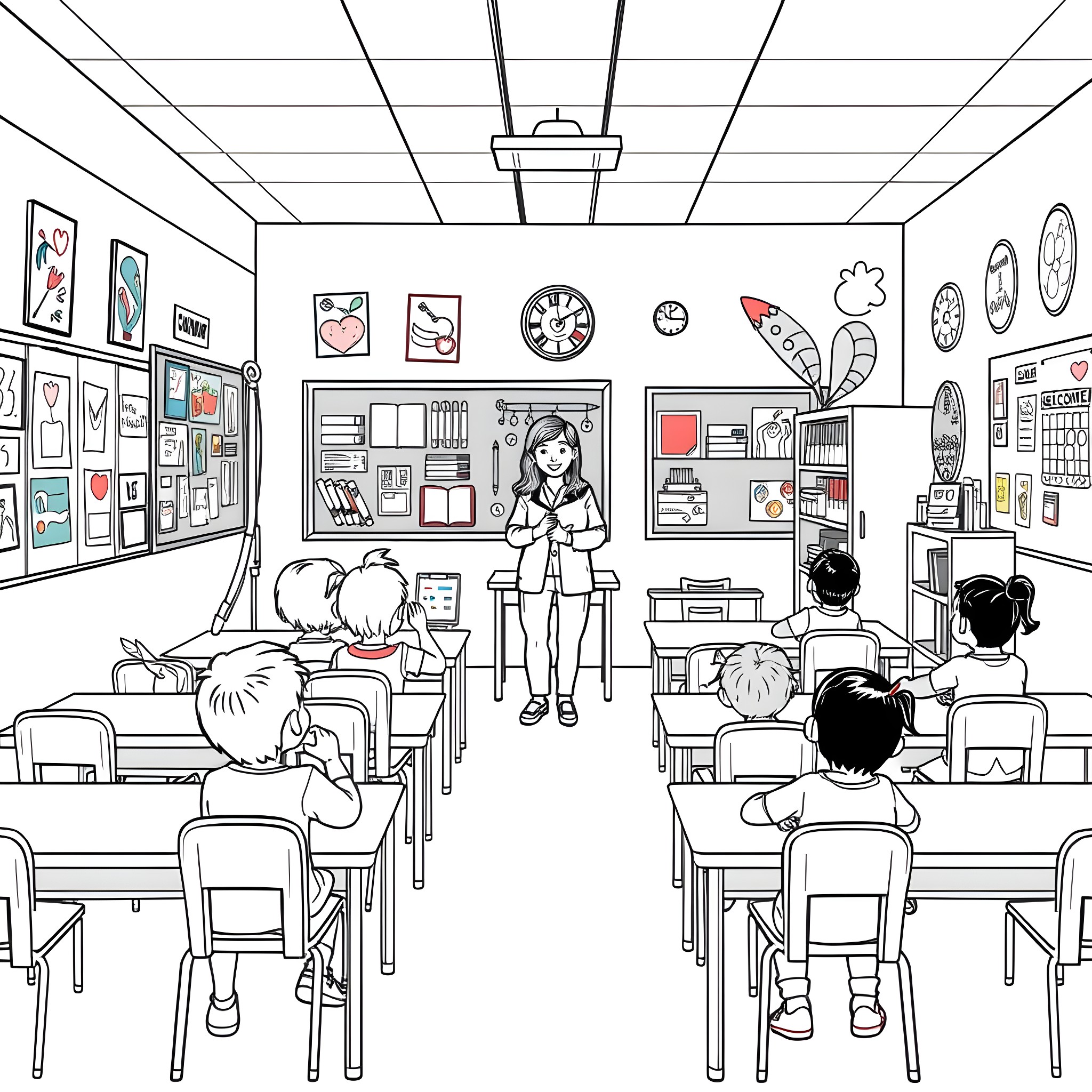 School Classroom with Diverse Students and Teacher Coloring Page (free black-and-white line drawing printable PDF for all, from beginners to advanced learners, including children, teens, adults, and seniors)