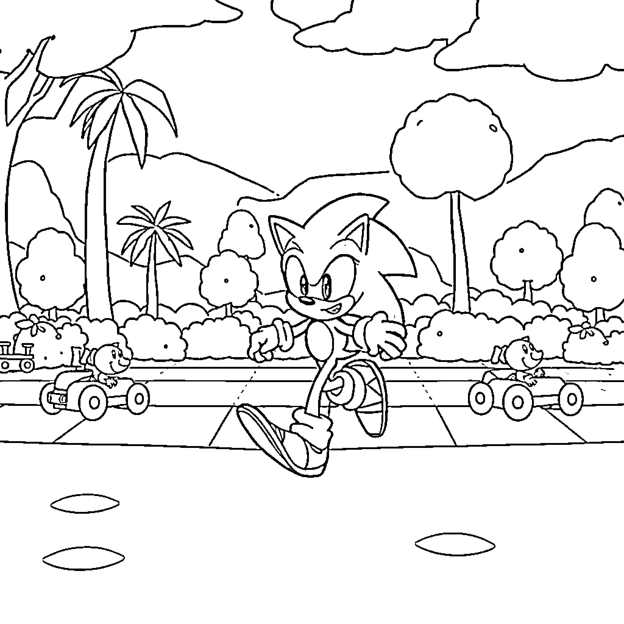 Sonic racing through a tropical landscape Coloring Page (free black-and-white line drawing printable PDF for all, from beginners to advanced learners, including children, teens, adults, and seniors)