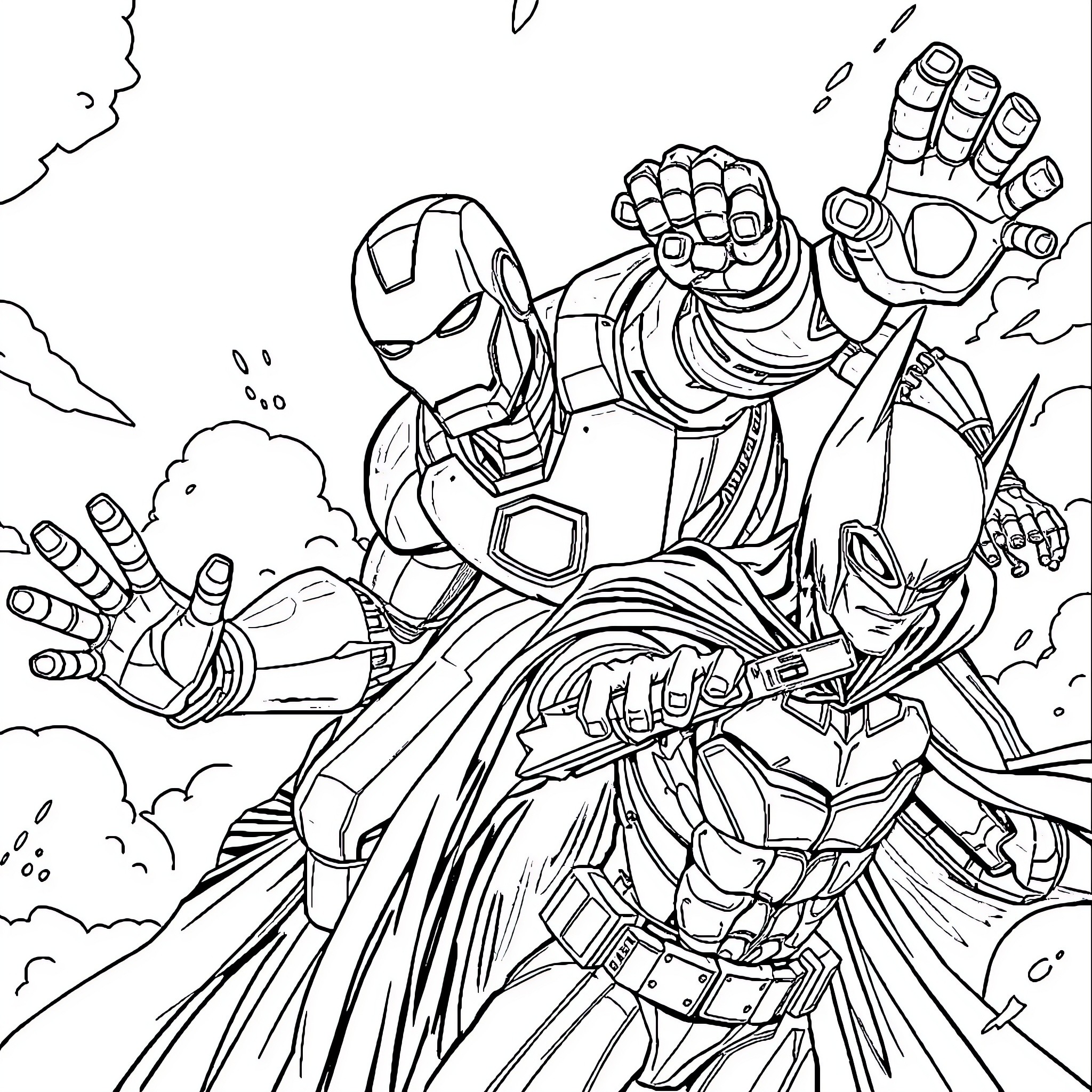 Iron Man and Batman in epic battle against enemies Coloring Page (free black-and-white line drawing printable PDF for all, from beginners to advanced learners, including children, teens, adults, and seniors)