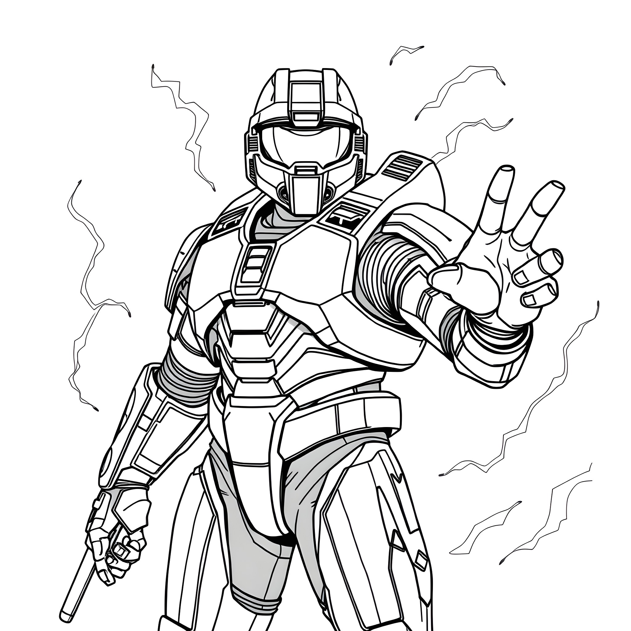 Master Chief in Action Pose with Weapon Coloring Page (free black-and-white line drawing printable PDF for all, from beginners to advanced learners, including children, teens, adults, and seniors)