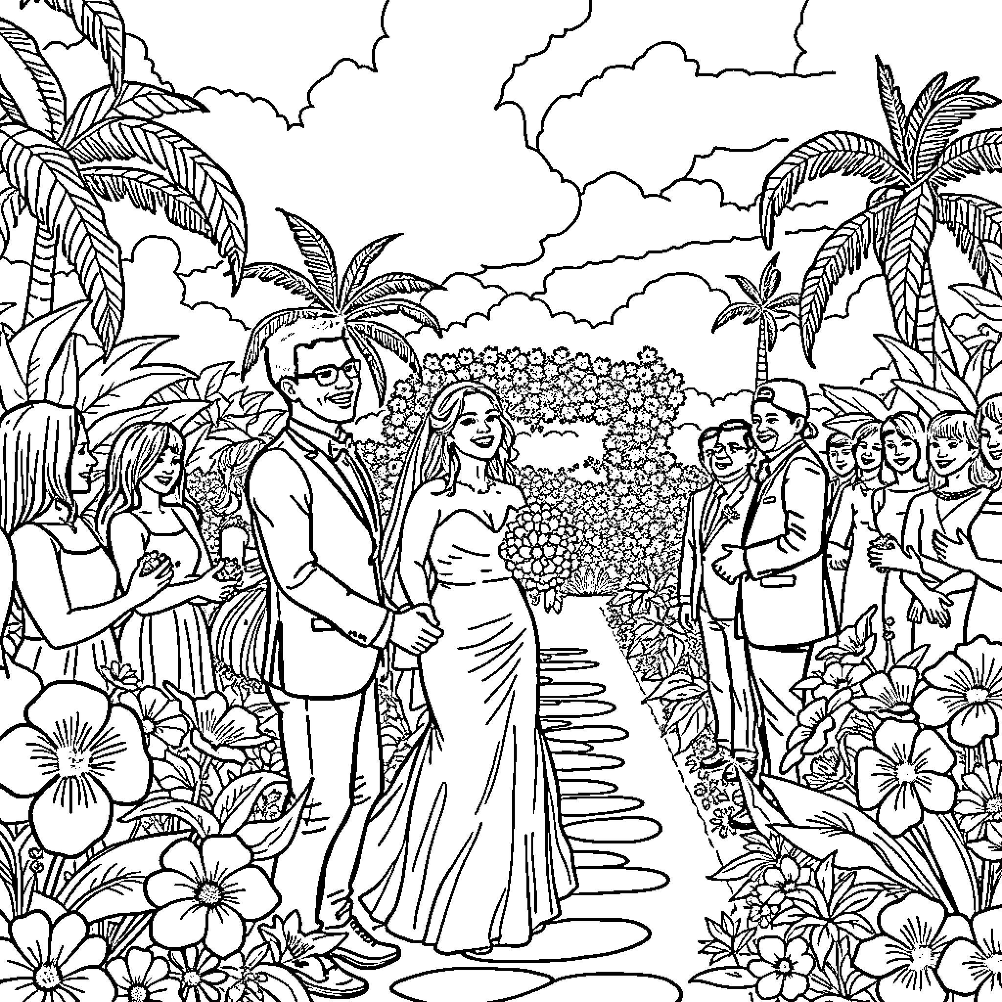Couple in a tropical wedding ceremony Coloring Page (free black-and-white line drawing printable PDF for all, from beginners to advanced learners, including children, teens, adults, and seniors)