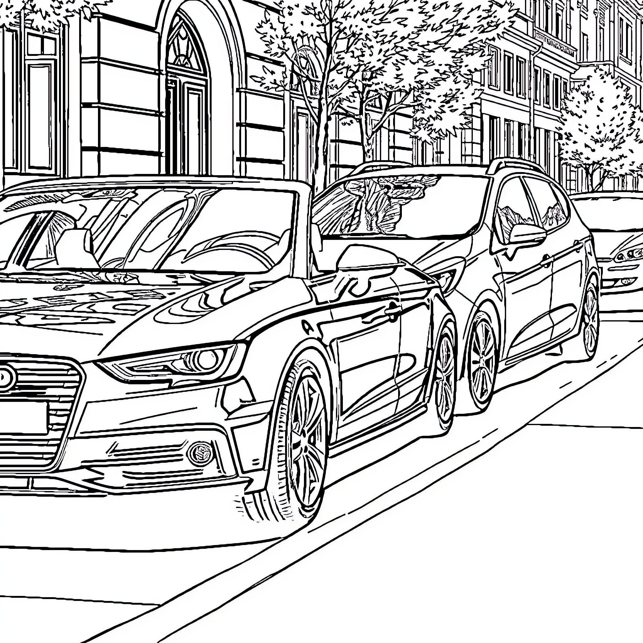 Car parked on city street with trees and buildings Coloring Page (free black-and-white line drawing printable PDF for all, from beginners to advanced learners, including children, teens, adults, and seniors)