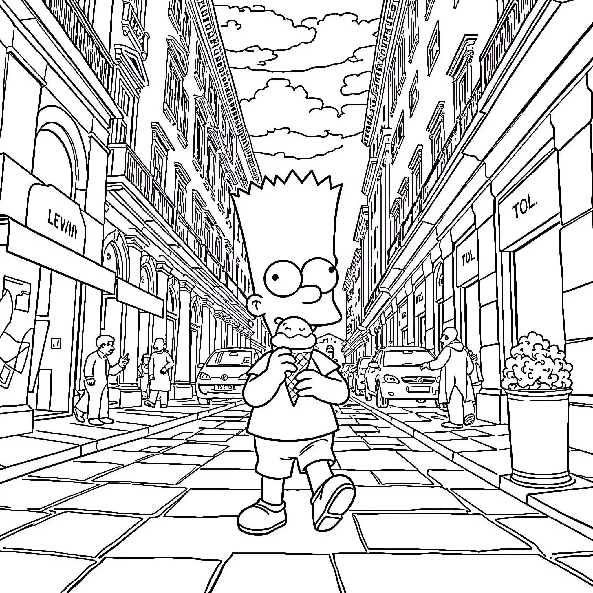 Bart Simpson exploring the city streets Coloring Page (free black-and-white line drawing printable PDF for all, from beginners to advanced learners, including children, teens, adults, and seniors)