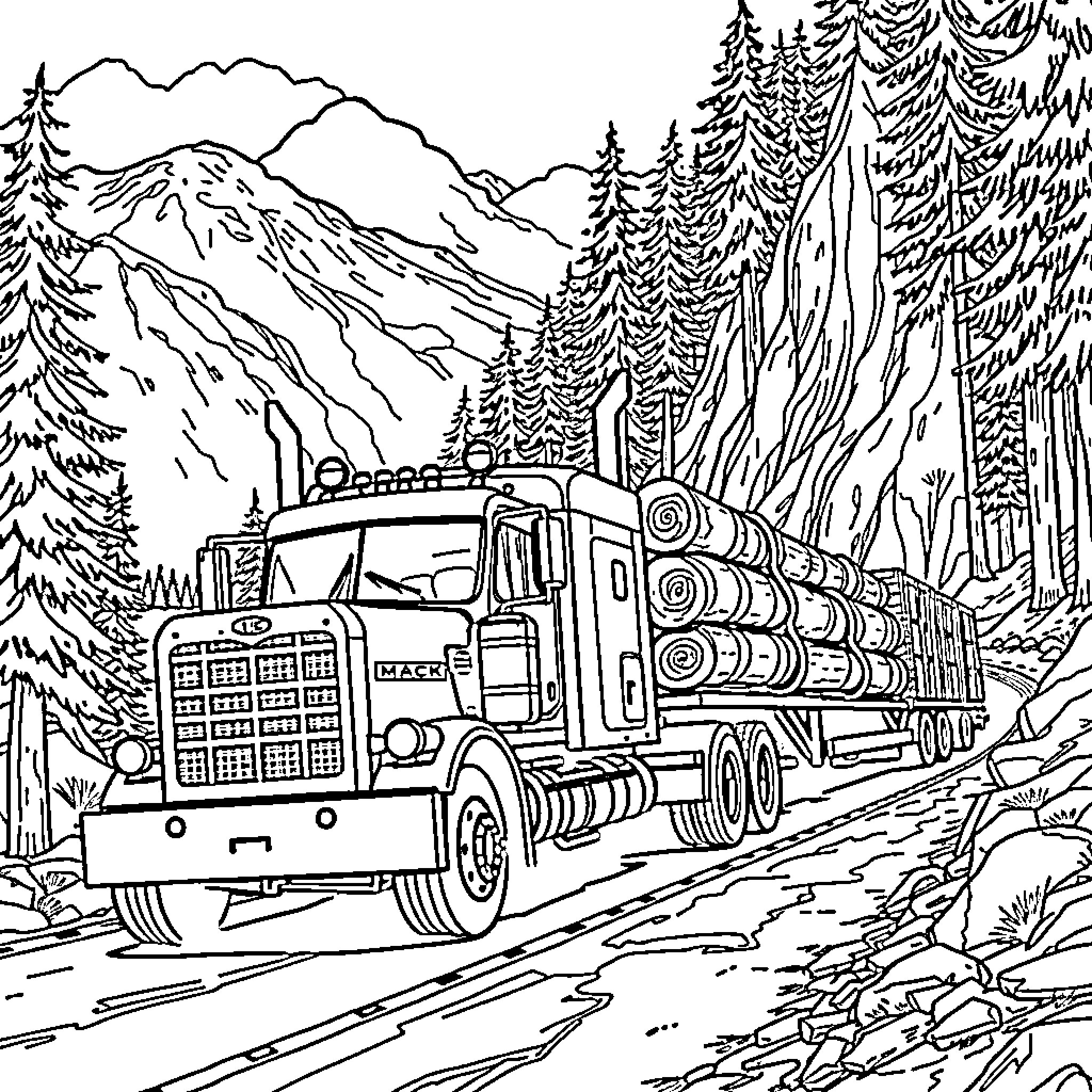 Truck transporting logs through mountainous forest landscape Coloring Page (free black-and-white line drawing printable PDF for all, from beginners to advanced learners, including children, teens, adults, and seniors)