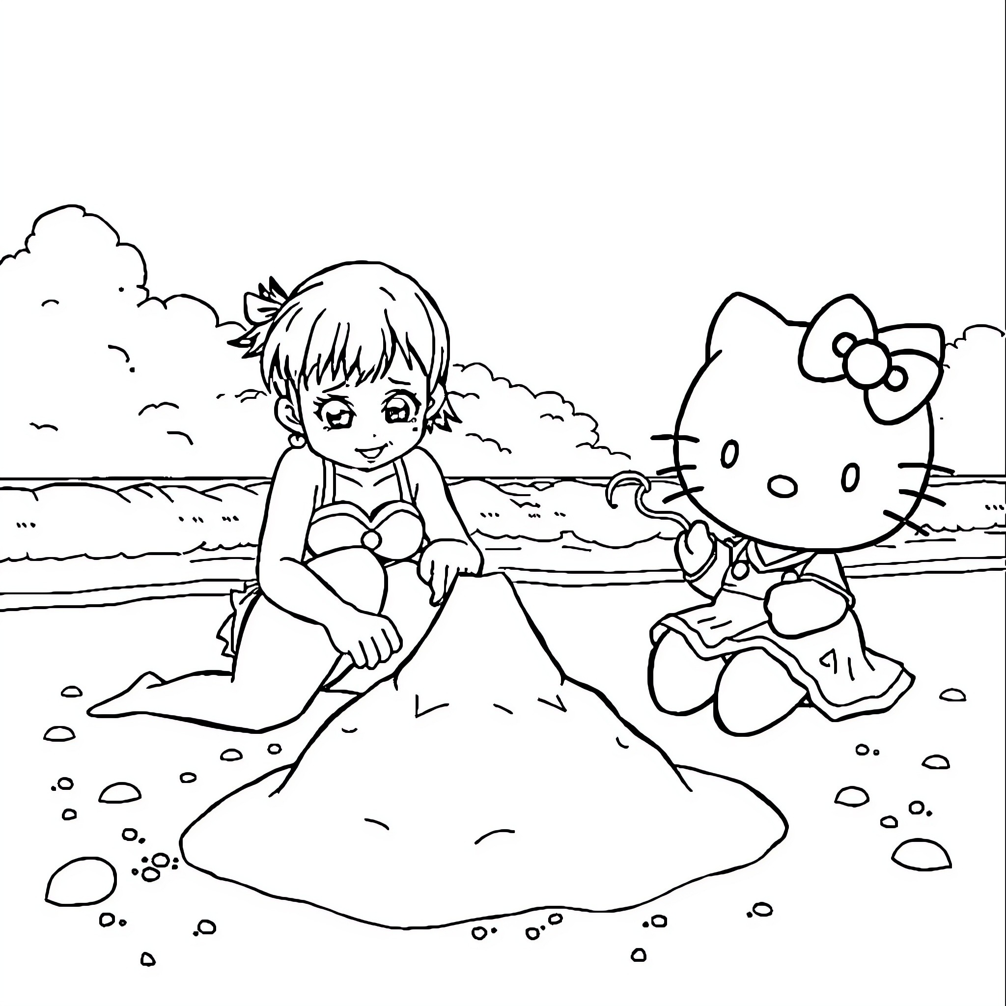 Nesuko and Hello Kitty enjoying the beach Coloring Page (free black-and-white line drawing printable PDF for all, from beginners to advanced learners, including children, teens, adults, and seniors)