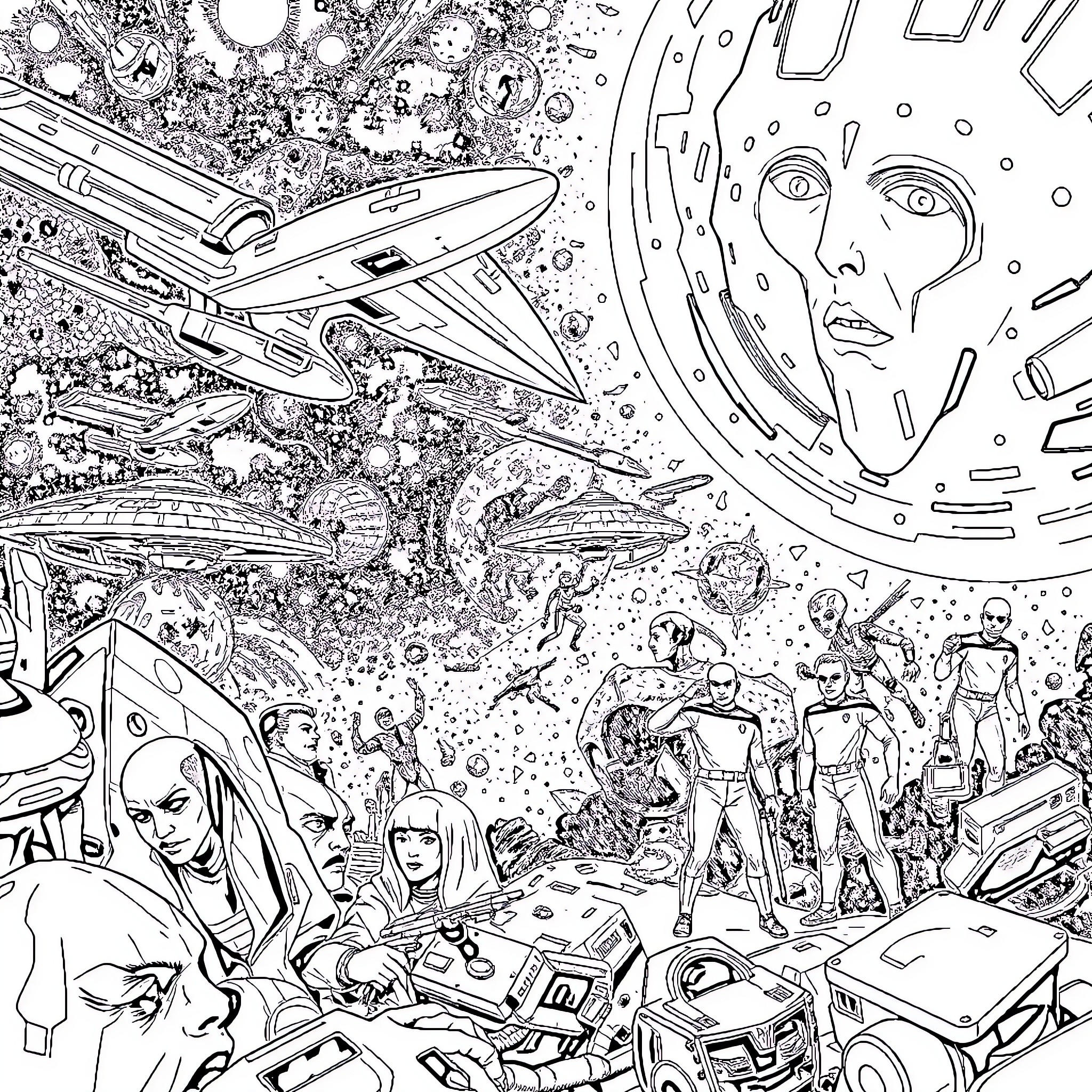 Star Trek: Futuristic Odyssey of Exploration and Discovery Coloring Page (free black-and-white line drawing printable PDF for all, from beginners to advanced learners, including children, teens, adults, and seniors)