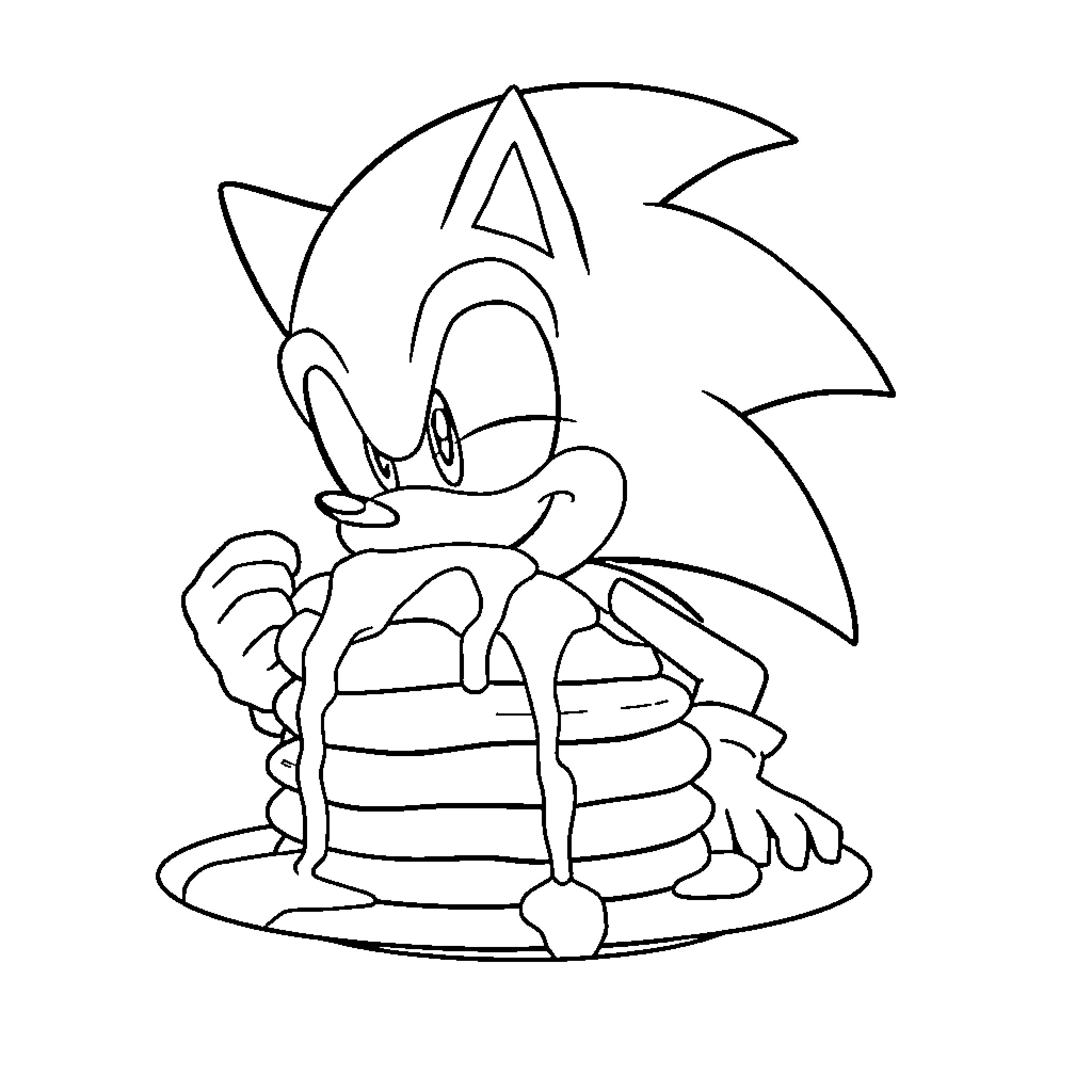 Sonic enjoying a stack of pancakes Coloring Page (free black-and-white line drawing printable PDF for all, from beginners to advanced learners, including children, teens, adults, and seniors)
