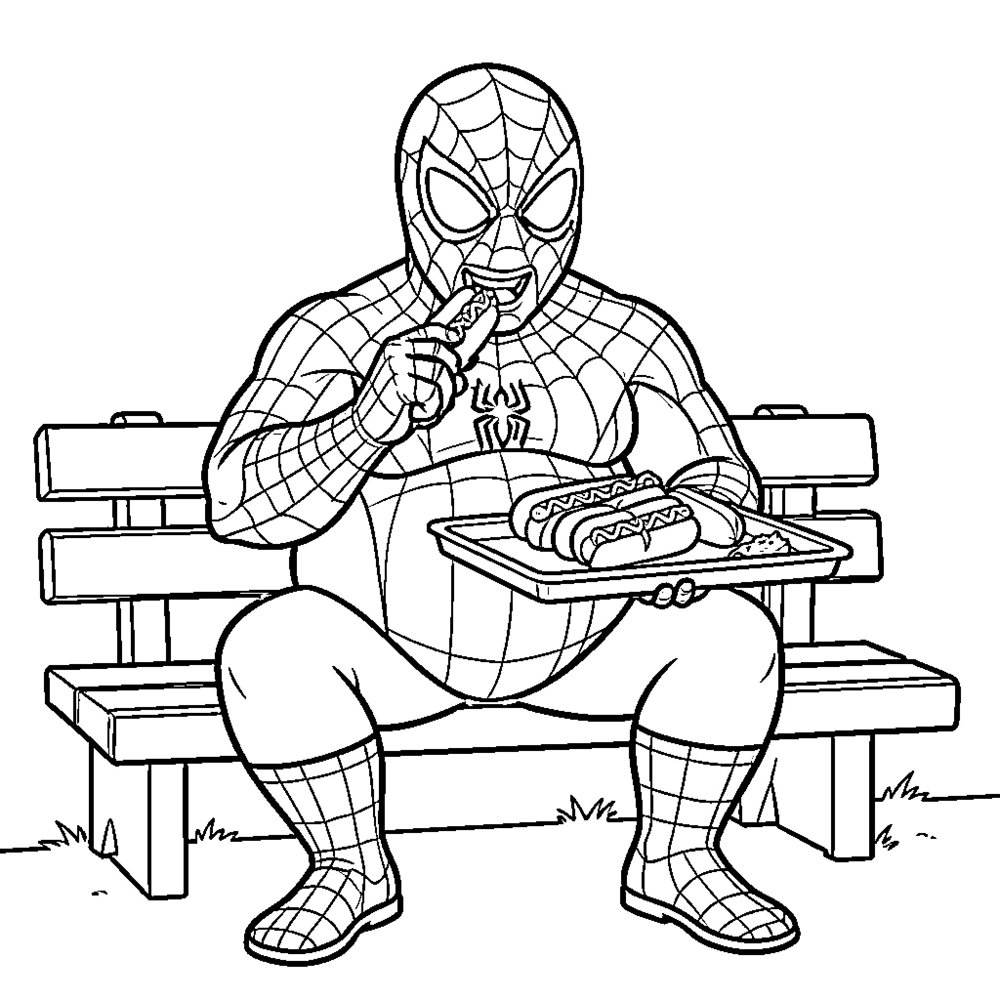 Spiderman sitting on a bench eating hot dogs Coloring Page (free black-and-white line drawing printable PDF for all, from beginners to advanced learners, including children, teens, adults, and seniors)