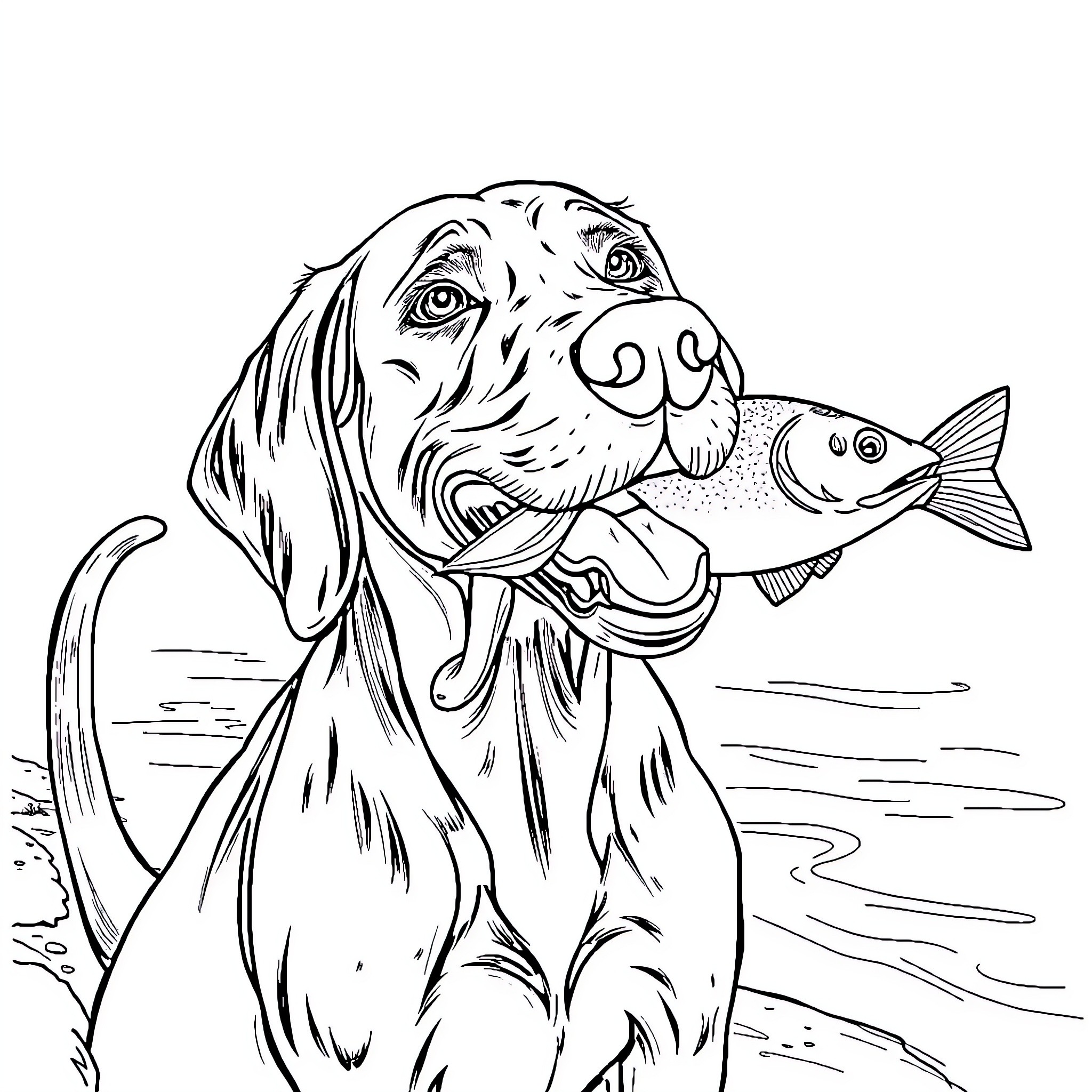 Vizsla catching a fish in the water Coloring Page (free black-and-white line drawing printable PDF for all, from beginners to advanced learners, including children, teens, adults, and seniors)
