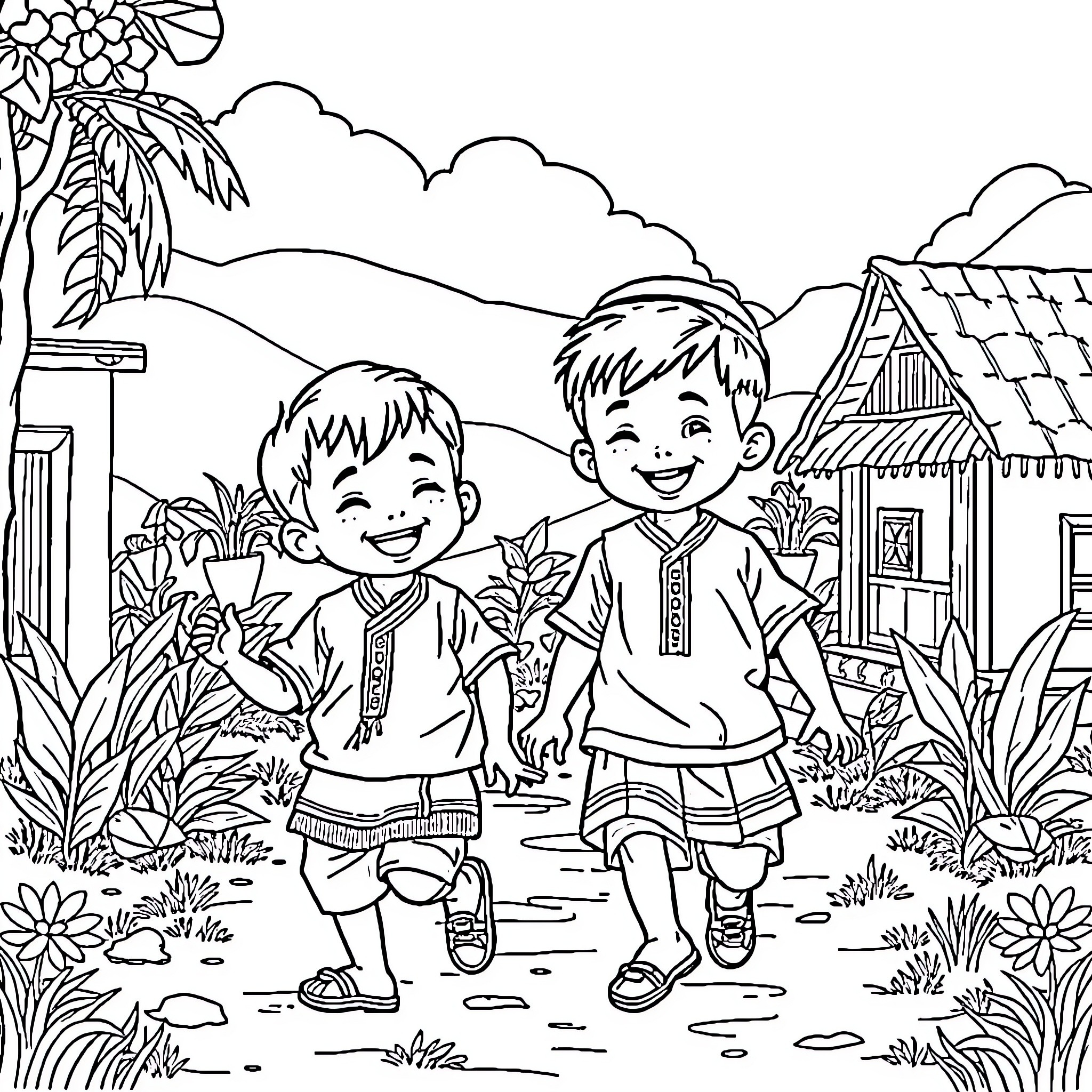 Upin and Ipin Exploring the Countryside Coloring Page (free black-and-white line drawing printable PDF for all, from beginners to advanced learners, including children, teens, adults, and seniors)