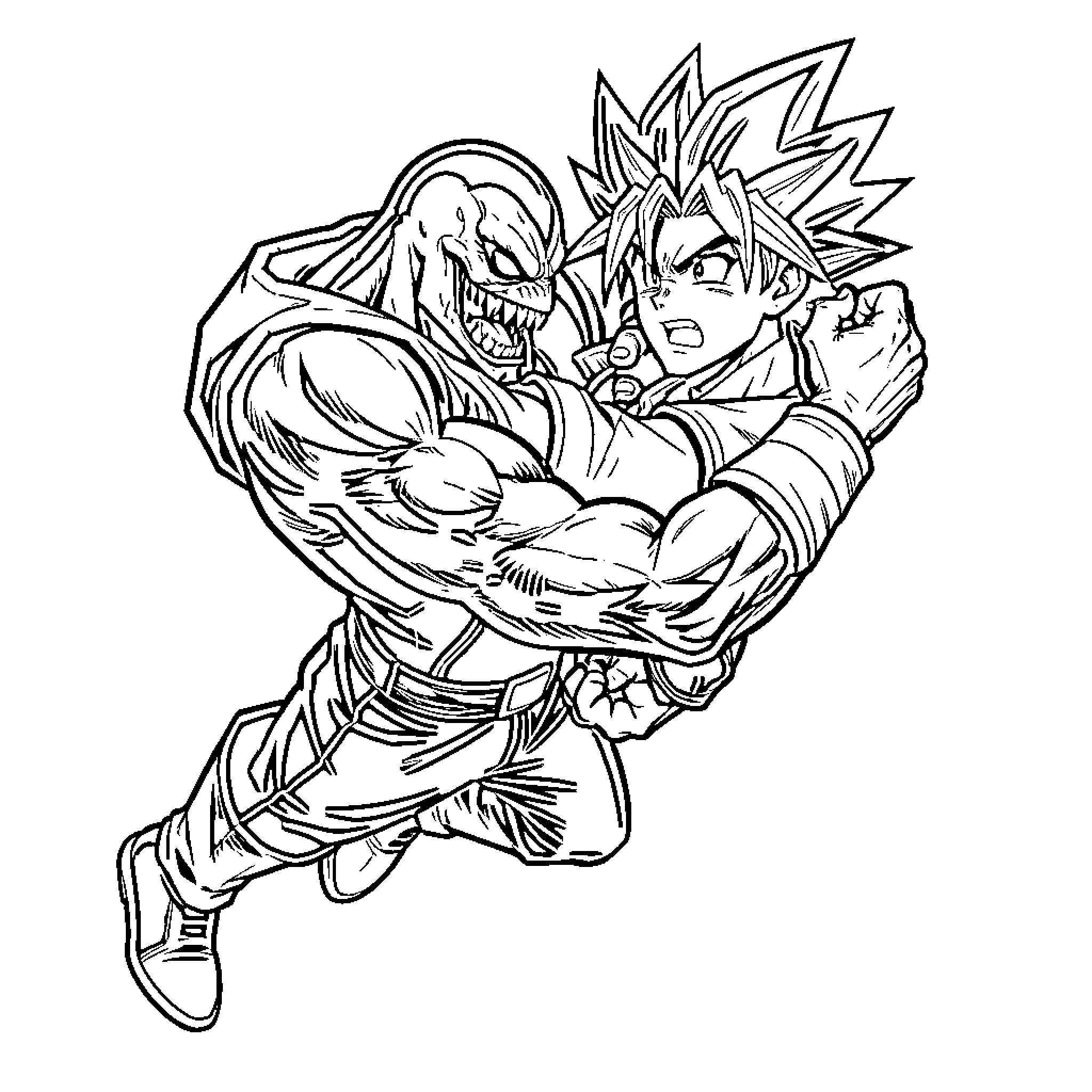 Carnage of Anime Fighters in Intense Battle Coloring Page (free black-and-white line drawing printable PDF for all, from beginners to advanced learners, including children, teens, adults, and seniors)