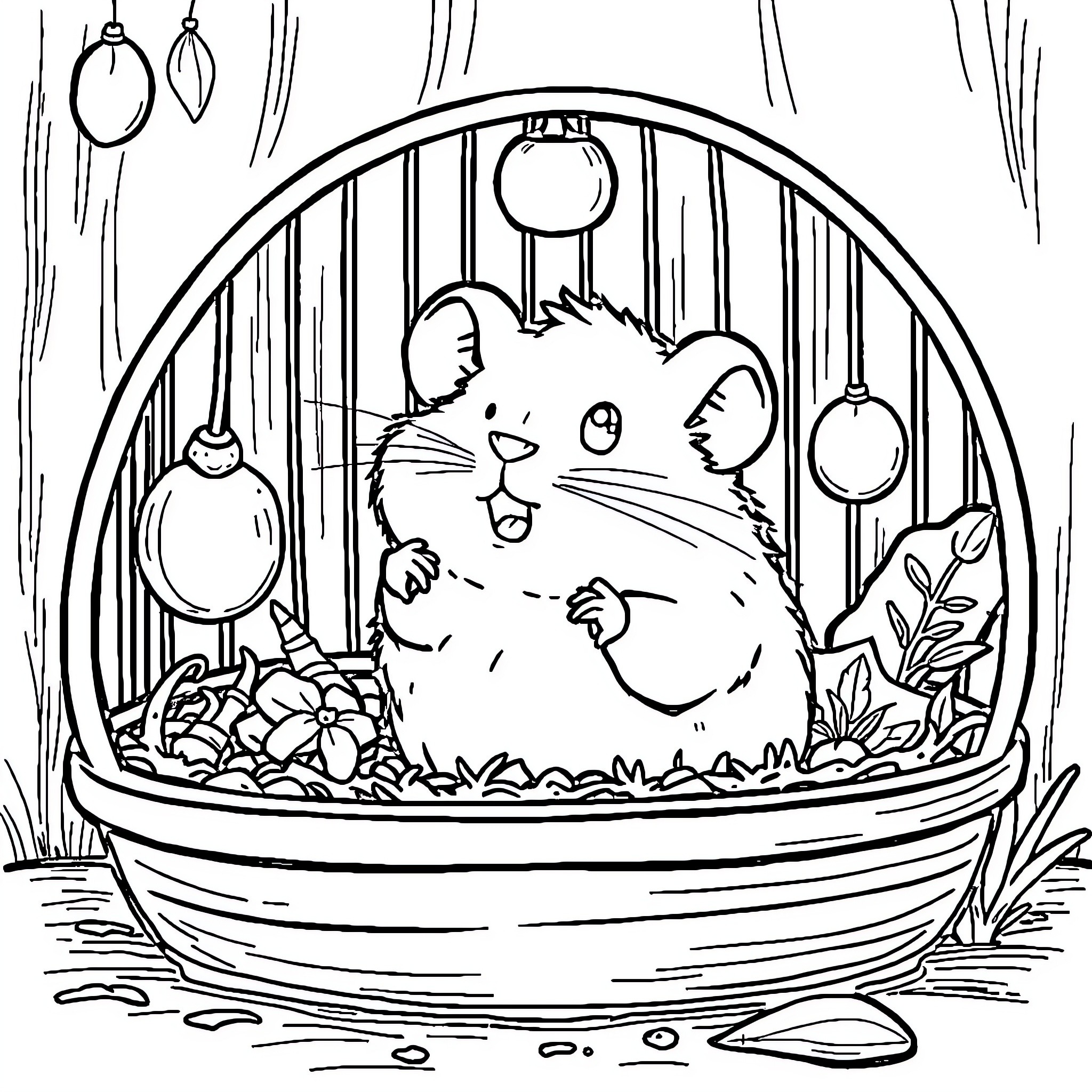 Hamster in a cozy glass terrarium Coloring Page (free black-and-white line drawing printable PDF for all, from beginners to advanced learners, including children, teens, adults, and seniors)