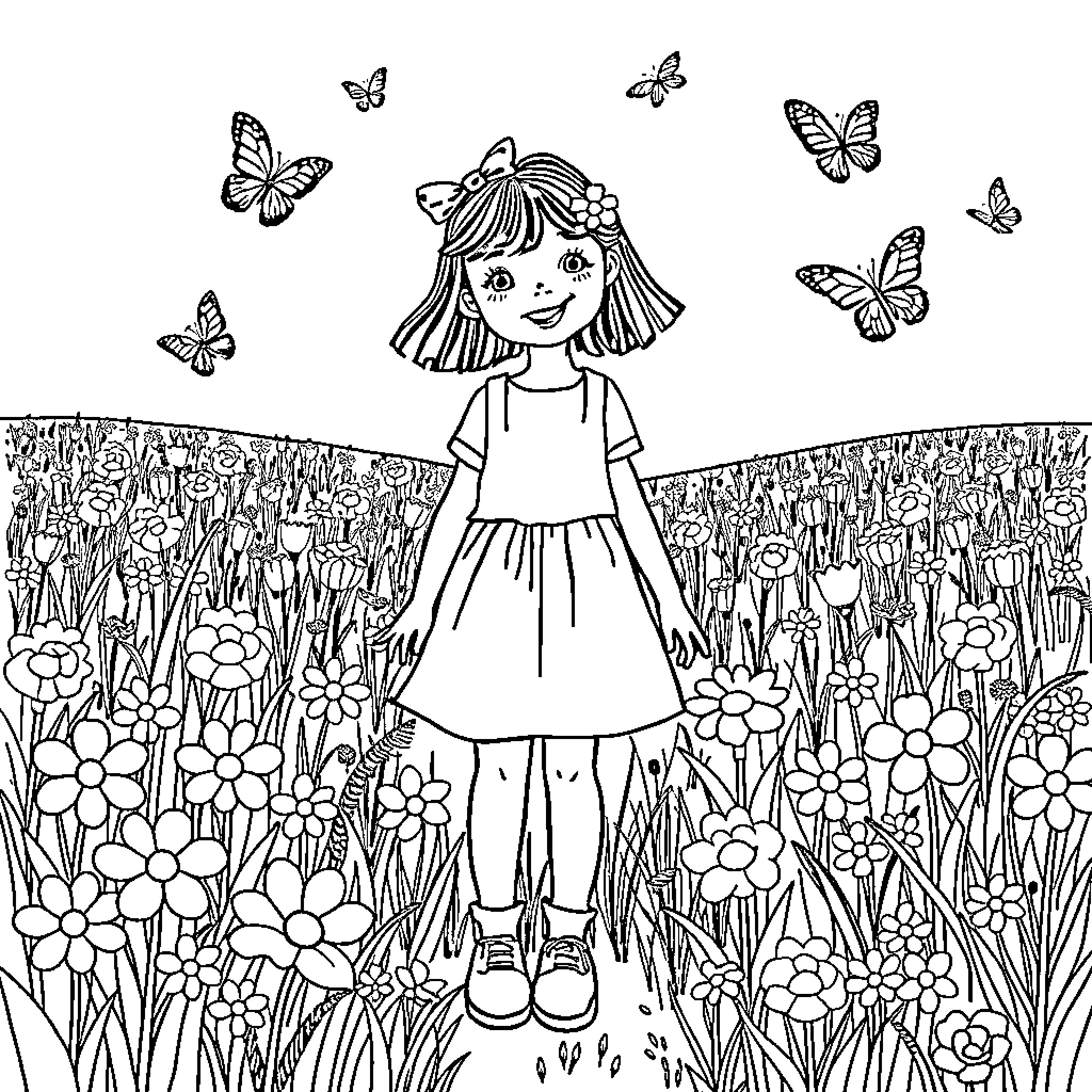 Girl exploring a vibrant flower meadow with butterflies Coloring Page (free black-and-white line drawing printable PDF for all, from beginners to advanced learners, including children, teens, adults, and seniors)