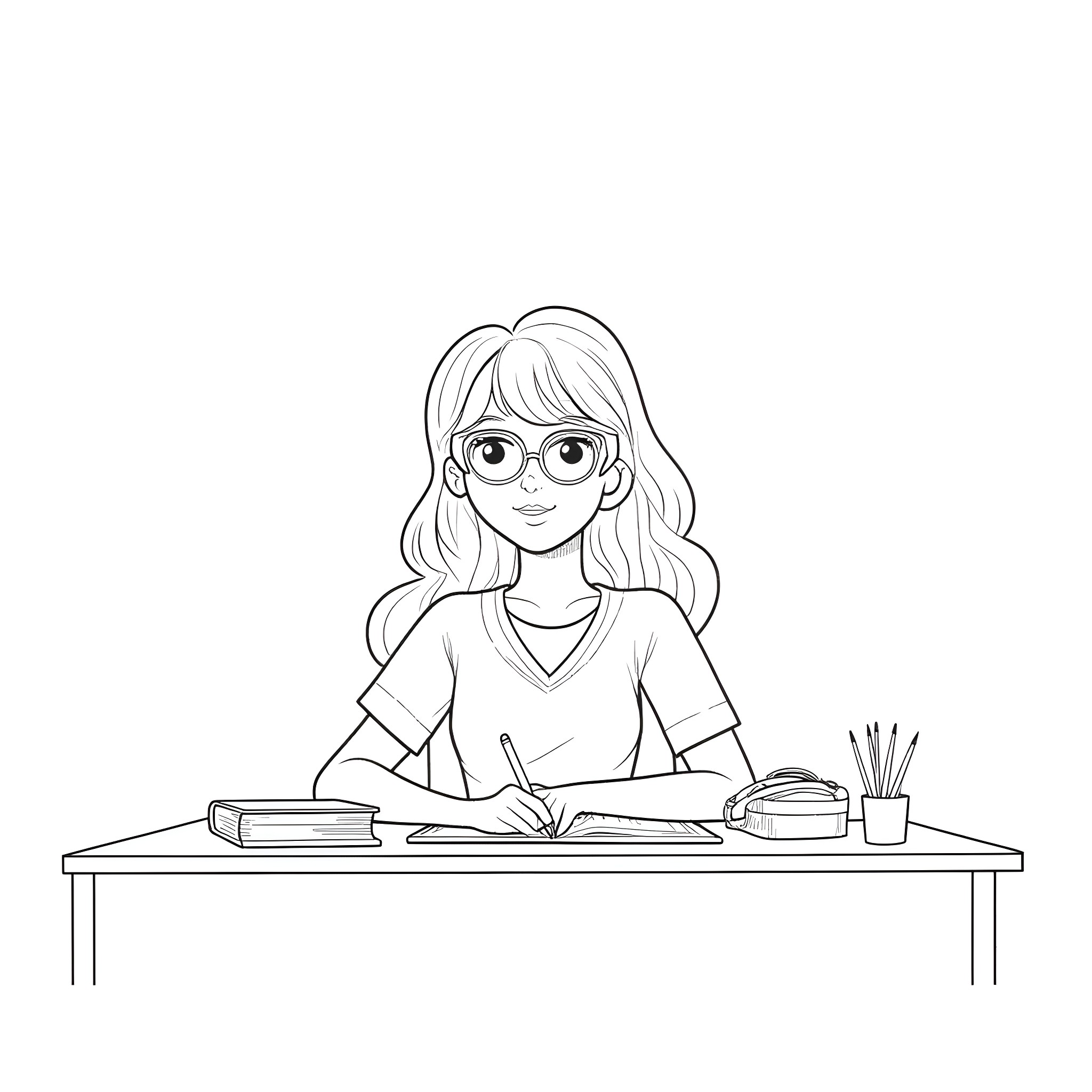 Tina studying diligently at her desk Coloring Page (free black-and-white line drawing printable PDF for all, from beginners to advanced learners, including children, teens, adults, and seniors)