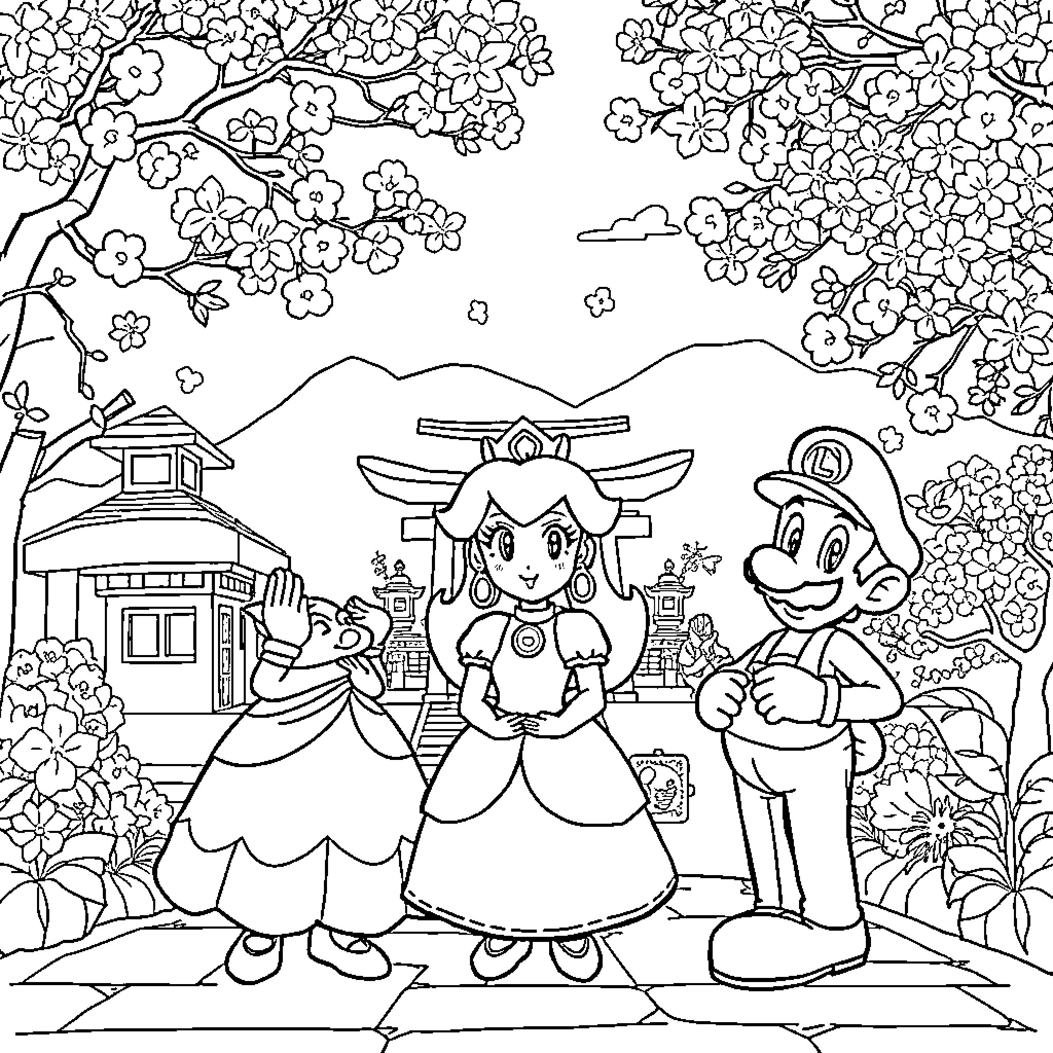 Princess and Plumber Explore Enchanted Garden Coloring Page (free black-and-white line drawing printable PDF for all, from beginners to advanced learners, including children, teens, adults, and seniors)