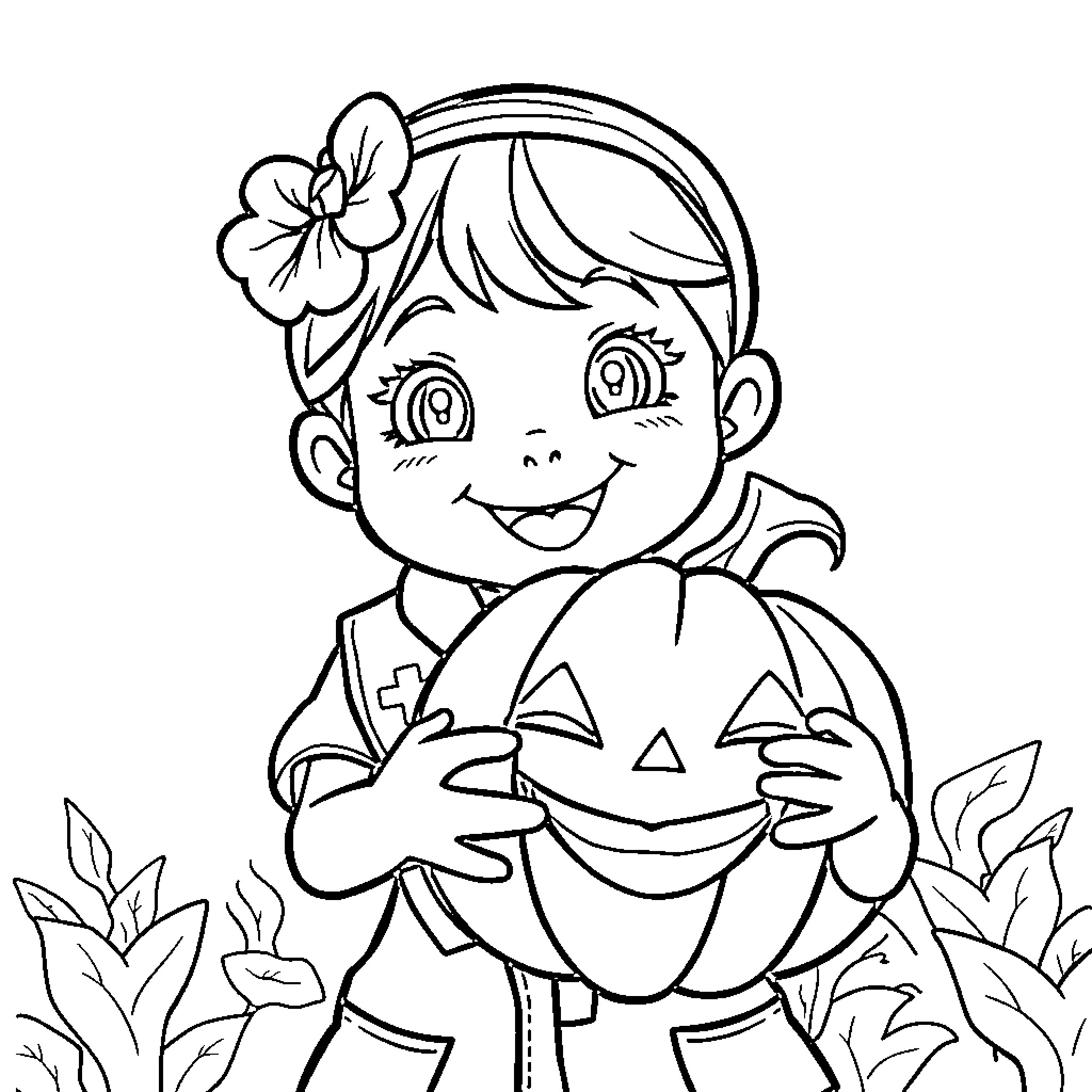 Girl Scout in Halloween costume with pumpkin Coloring Page (free black-and-white line drawing printable PDF for all, from beginners to advanced learners, including children, teens, adults, and seniors)