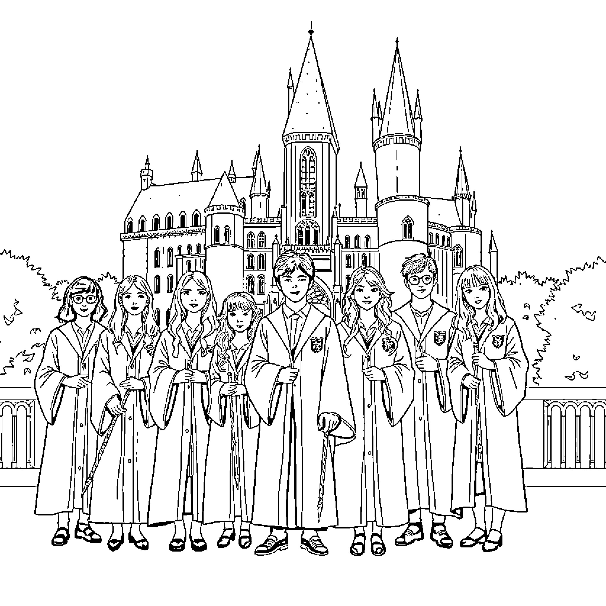 Bauxbatons students in formal magical attire Coloring Page (free black-and-white line drawing printable PDF for all, from beginners to advanced learners, including children, teens, adults, and seniors)
