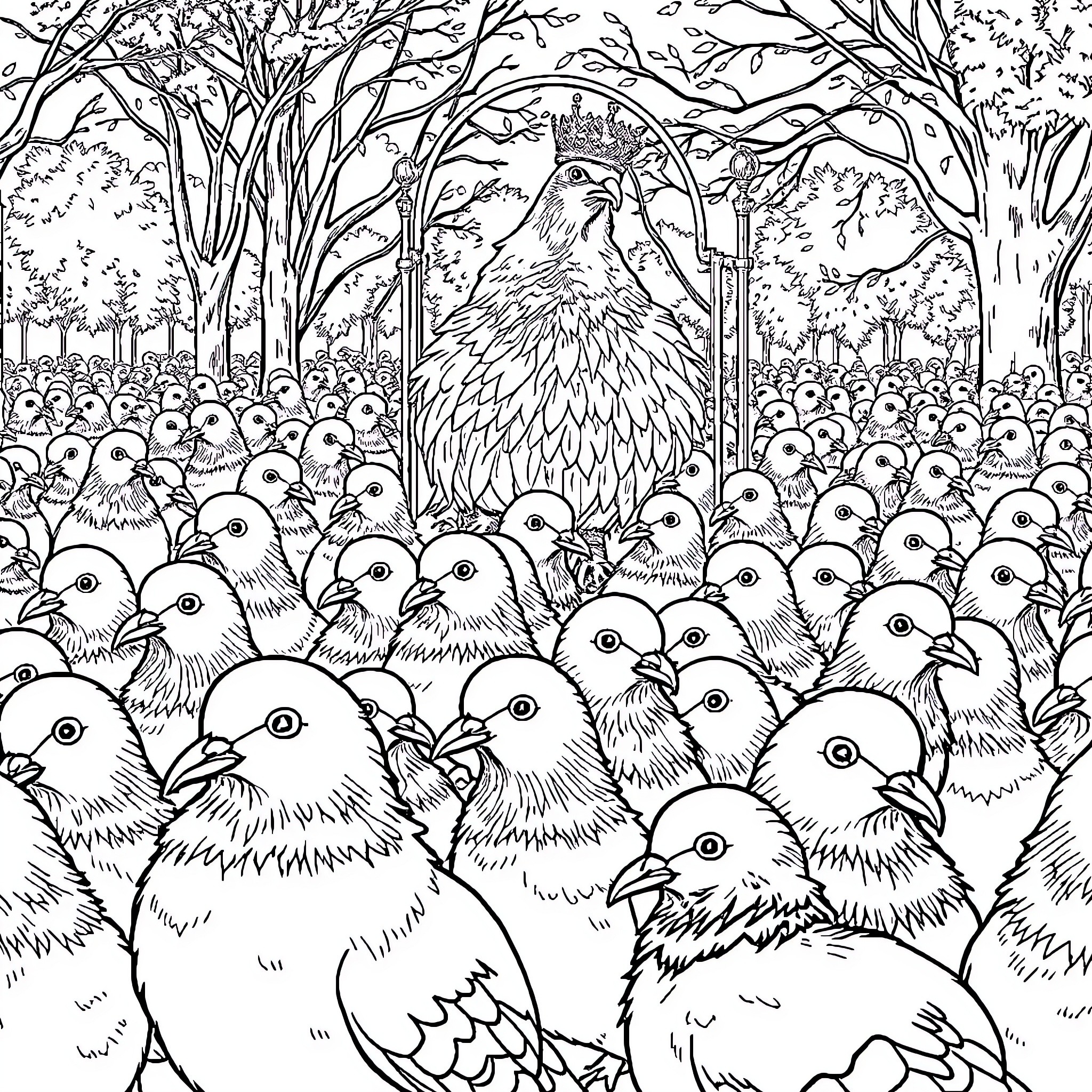 Pigeon leading a flock of chicks in the forest Coloring Page (free black-and-white line drawing printable PDF for all, from beginners to advanced learners, including children, teens, adults, and seniors)