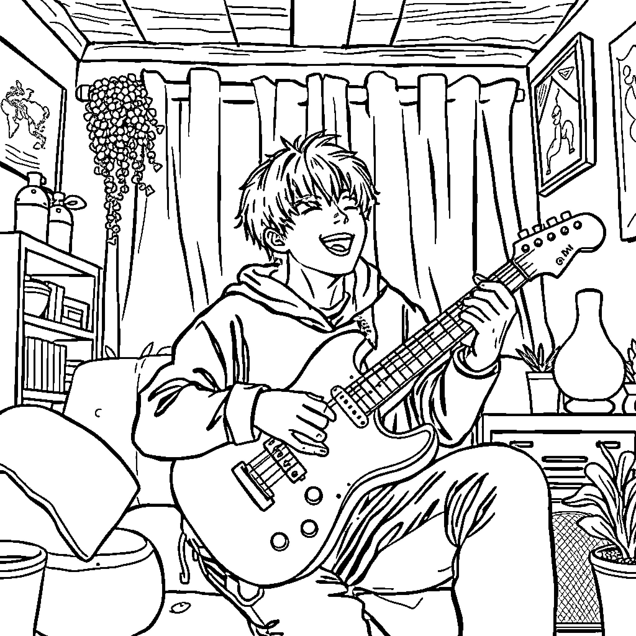 Rumi playing guitar in cozy room Coloring Page (free black-and-white line drawing printable PDF for all, from beginners to advanced learners, including children, teens, adults, and seniors)