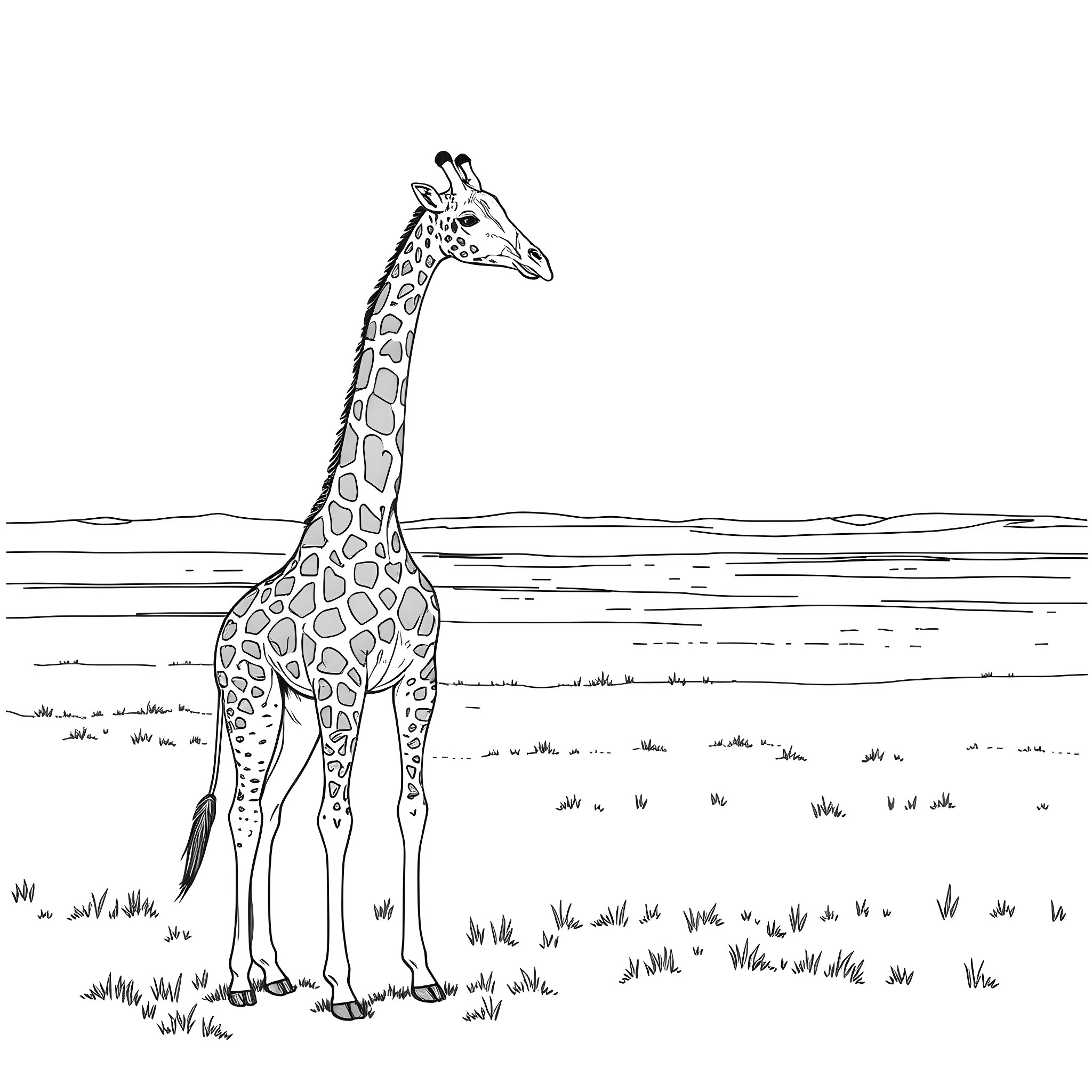 Giraffe standing in a grassy field Coloring Page (free black-and-white line drawing printable PDF for all, from beginners to advanced learners, including children, teens, adults, and seniors)