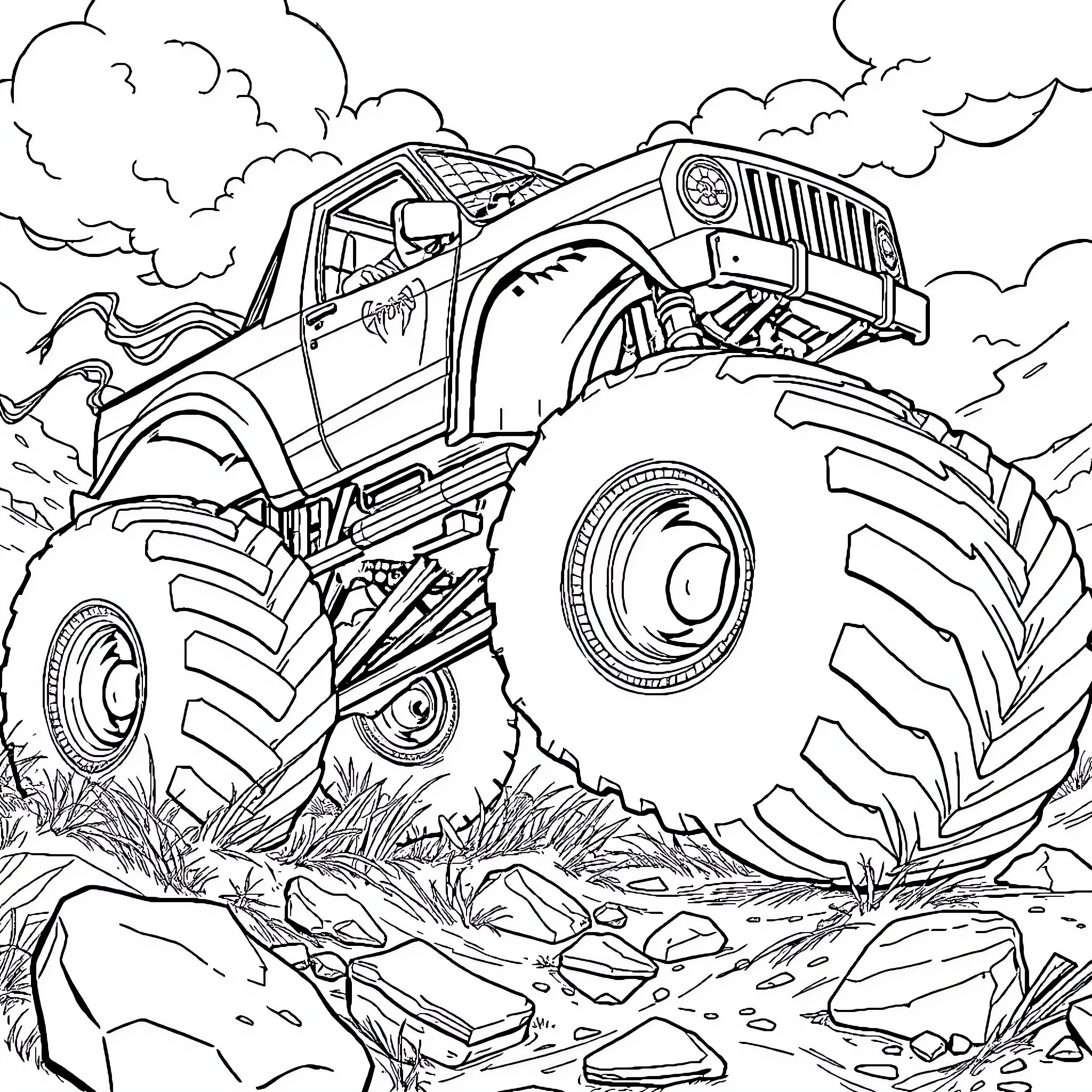 Spiderman Monster Truck Jumping Over Obstacles Coloring Page (free black-and-white line drawing printable PDF for all, from beginners to advanced learners, including children, teens, adults, and seniors)