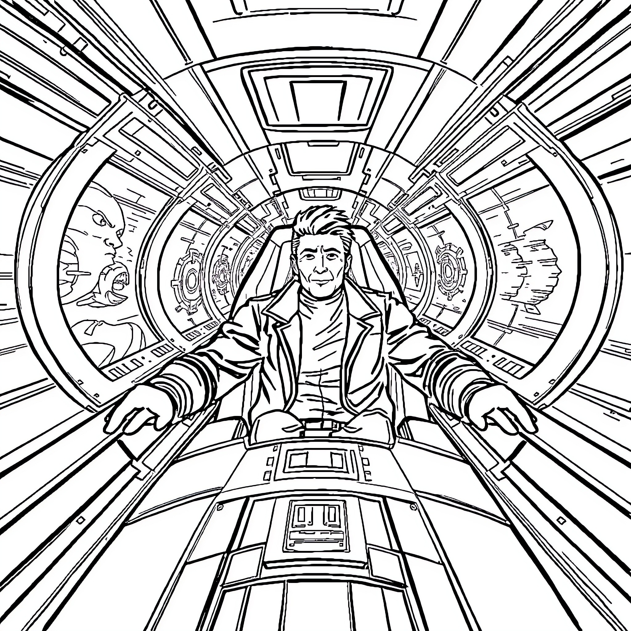 Man in control room of futuristic spacecraft Coloring Page (free black-and-white line drawing printable PDF for all, from beginners to advanced learners, including children, teens, adults, and seniors)