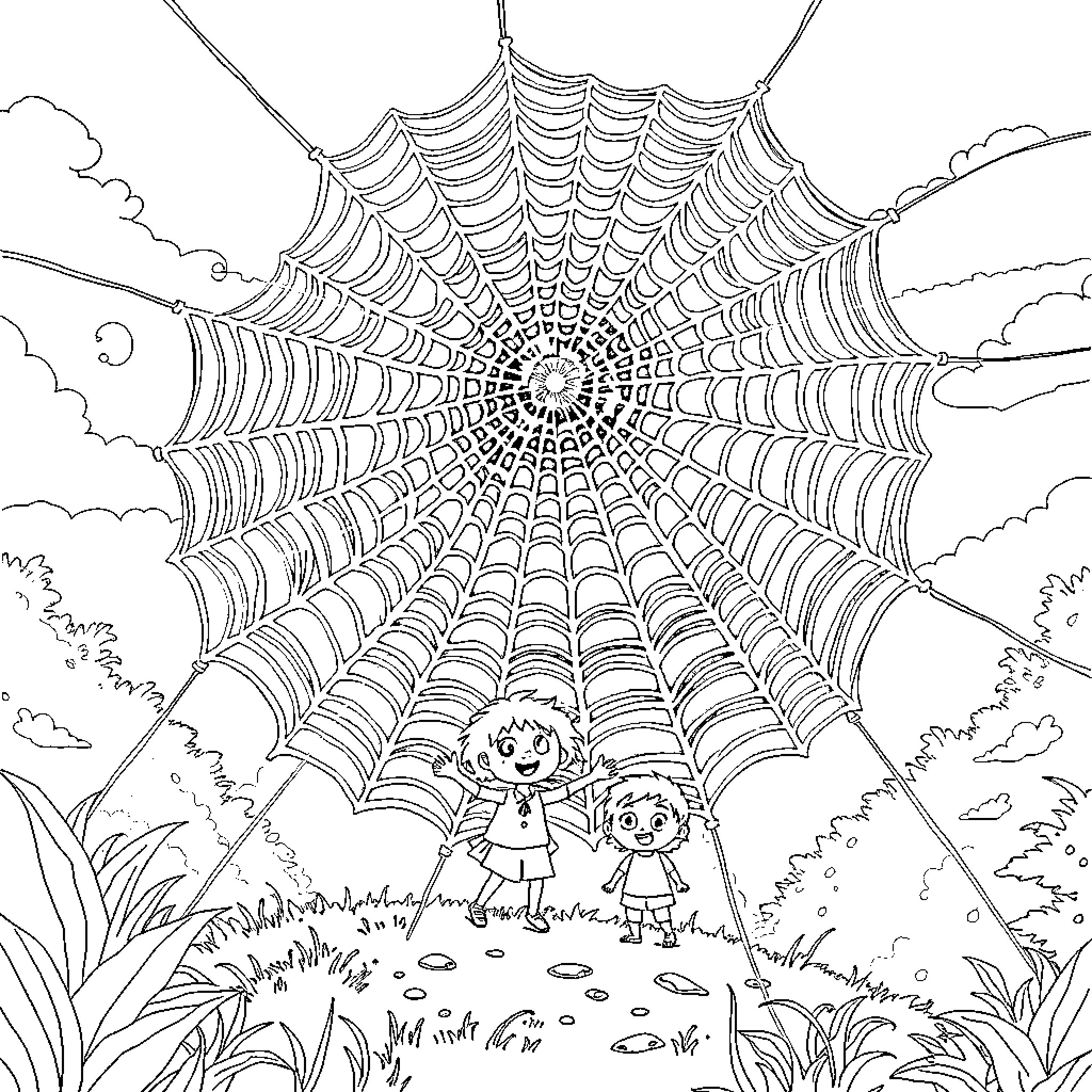 Spider Web with Children Exploring the Outdoors Coloring Page (free black-and-white line drawing printable PDF for all, from beginners to advanced learners, including children, teens, adults, and seniors)
