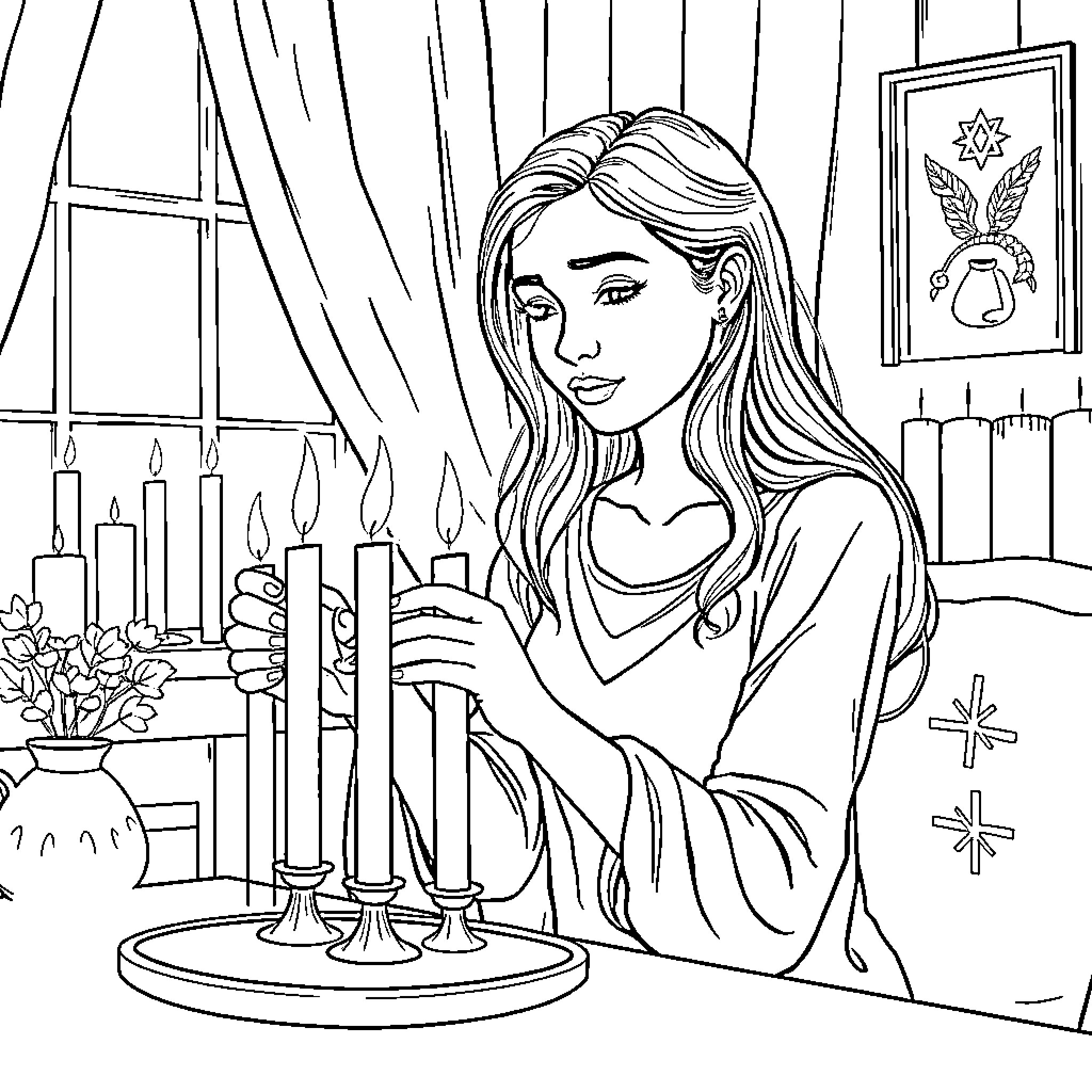Woman performing religious ritual in serene setting Coloring Page (free black-and-white line drawing printable PDF for all, from beginners to advanced learners, including children, teens, adults, and seniors)