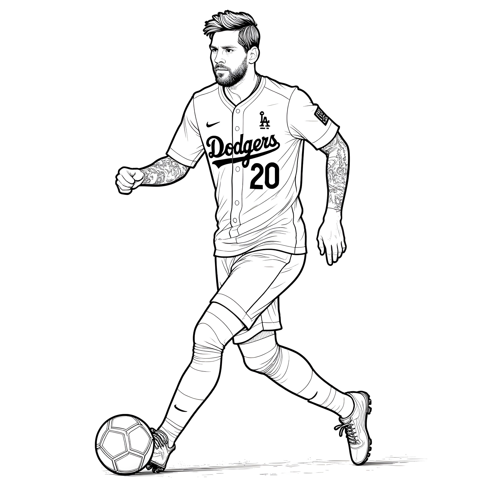 Leonel Messi playing soccer in Dodgers uniform Coloring Page (free black-and-white line drawing printable PDF for all, from beginners to advanced learners, including children, teens, adults, and seniors)