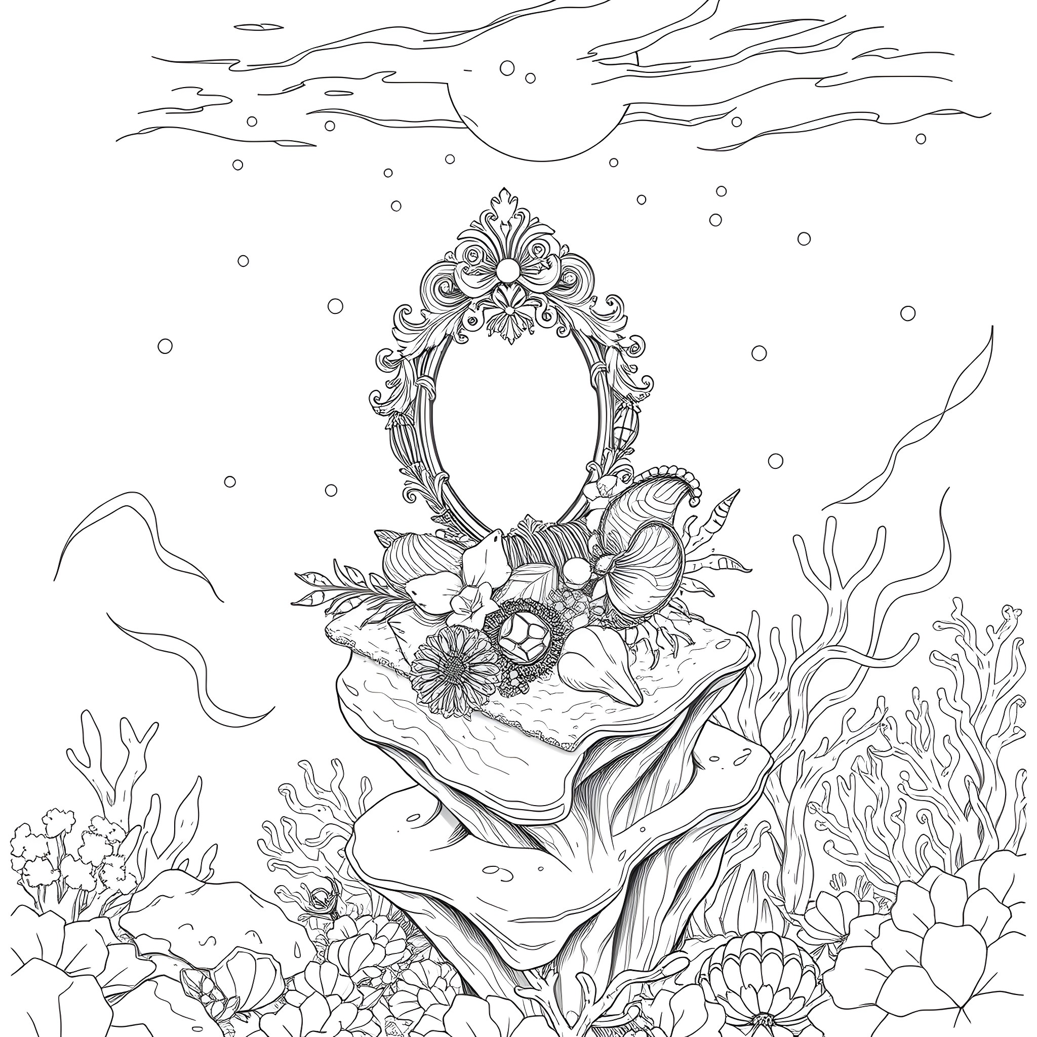 Mermaid's Ornate Reflection in the Underwater Garden Coloring Page (free black-and-white line drawing printable PDF for all, from beginners to advanced learners, including children, teens, adults, and seniors)