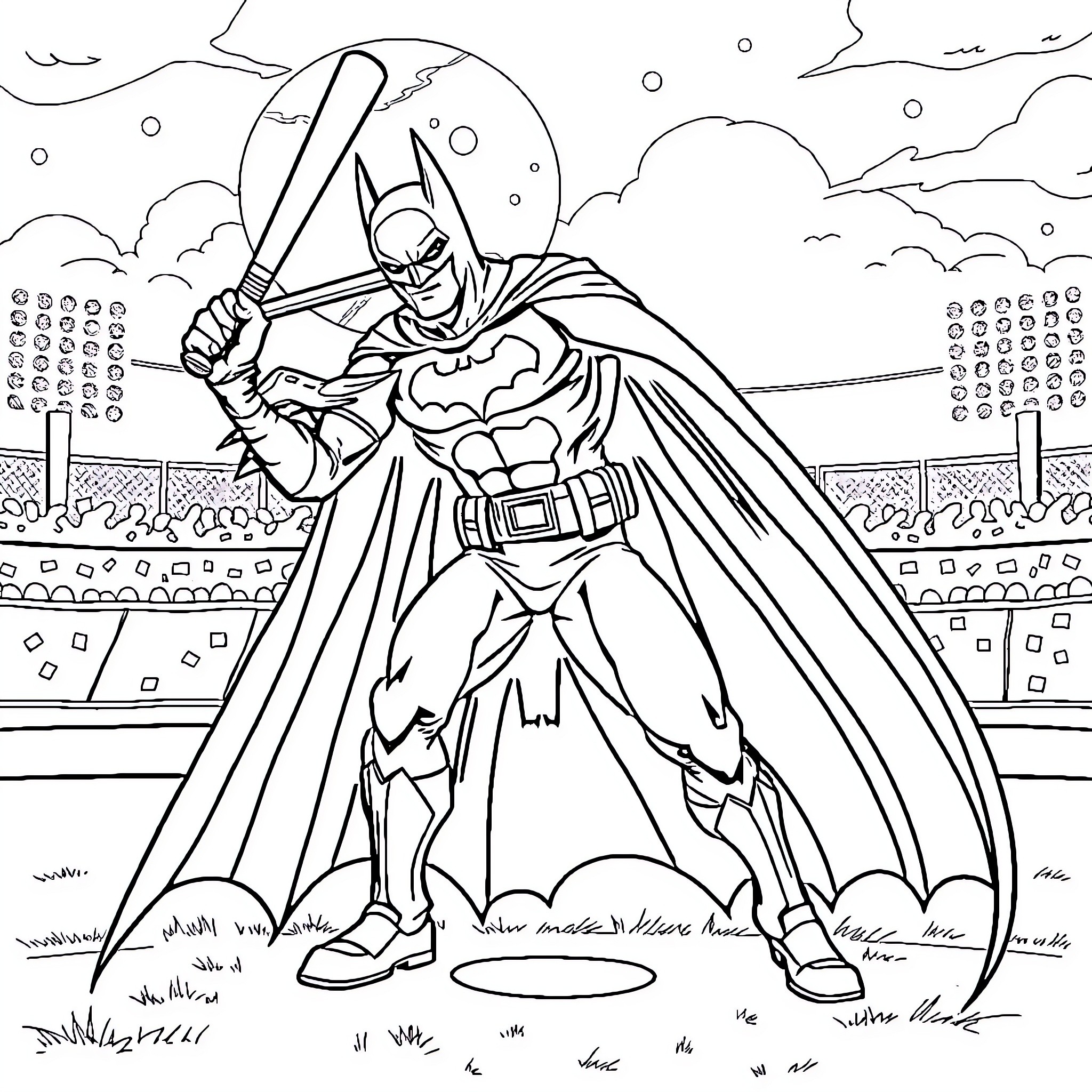 Batman heroically battling in a stadium Coloring Page (free black-and-white line drawing printable PDF for all, from beginners to advanced learners, including children, teens, adults, and seniors)