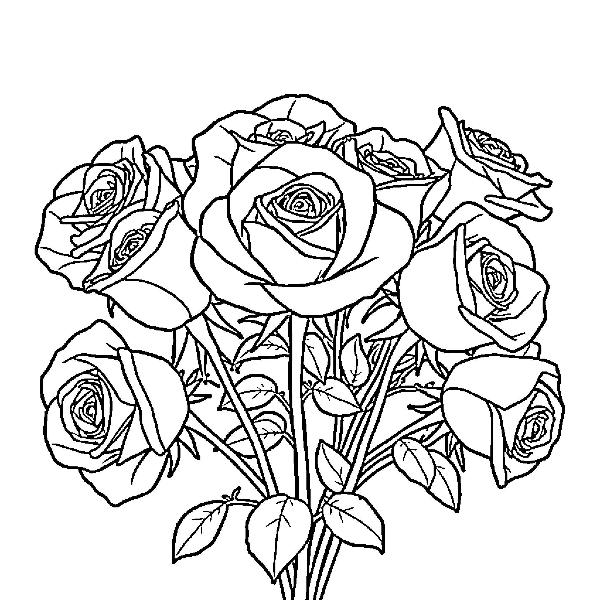 Rose bouquet blooming with beauty Coloring Page (free black-and-white line drawing printable PDF for all, from beginners to advanced learners, including children, teens, adults, and seniors)