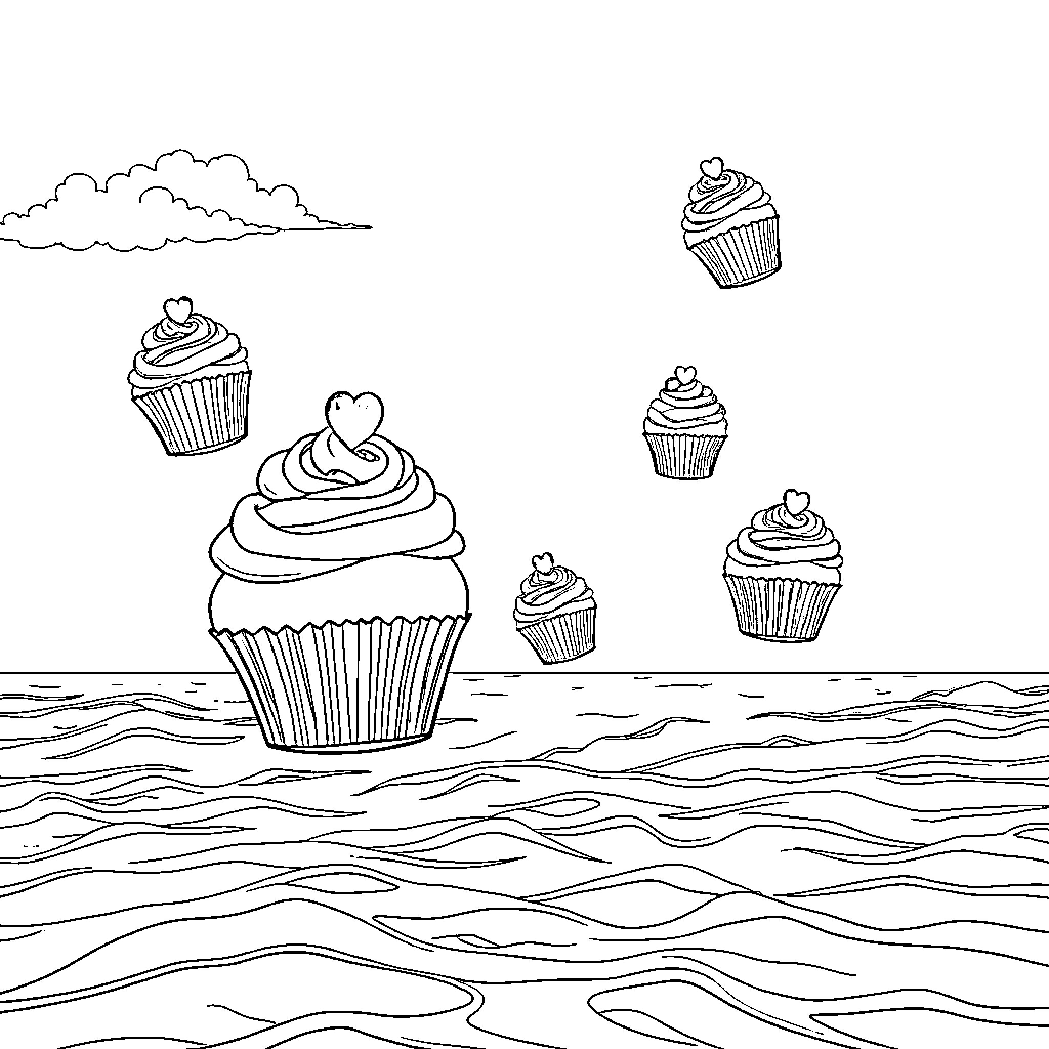 Cupcakes floating in a whimsical sea Coloring Page (free black-and-white line drawing printable PDF for all, from beginners to advanced learners, including children, teens, adults, and seniors)